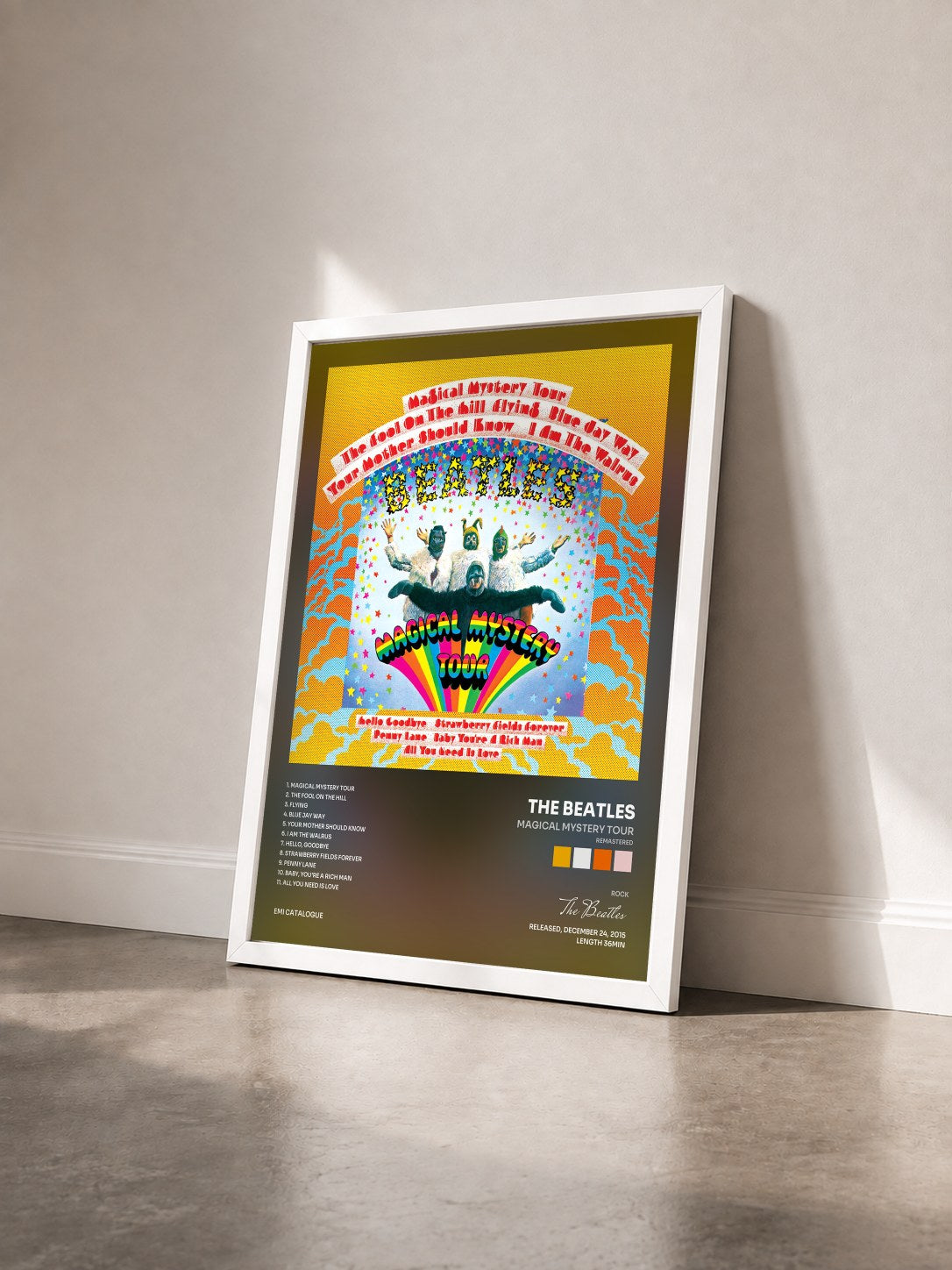 #blanc Magical Mystery Tour (Remastered) by The Beatles as a framed art print seen at an angle, white frame