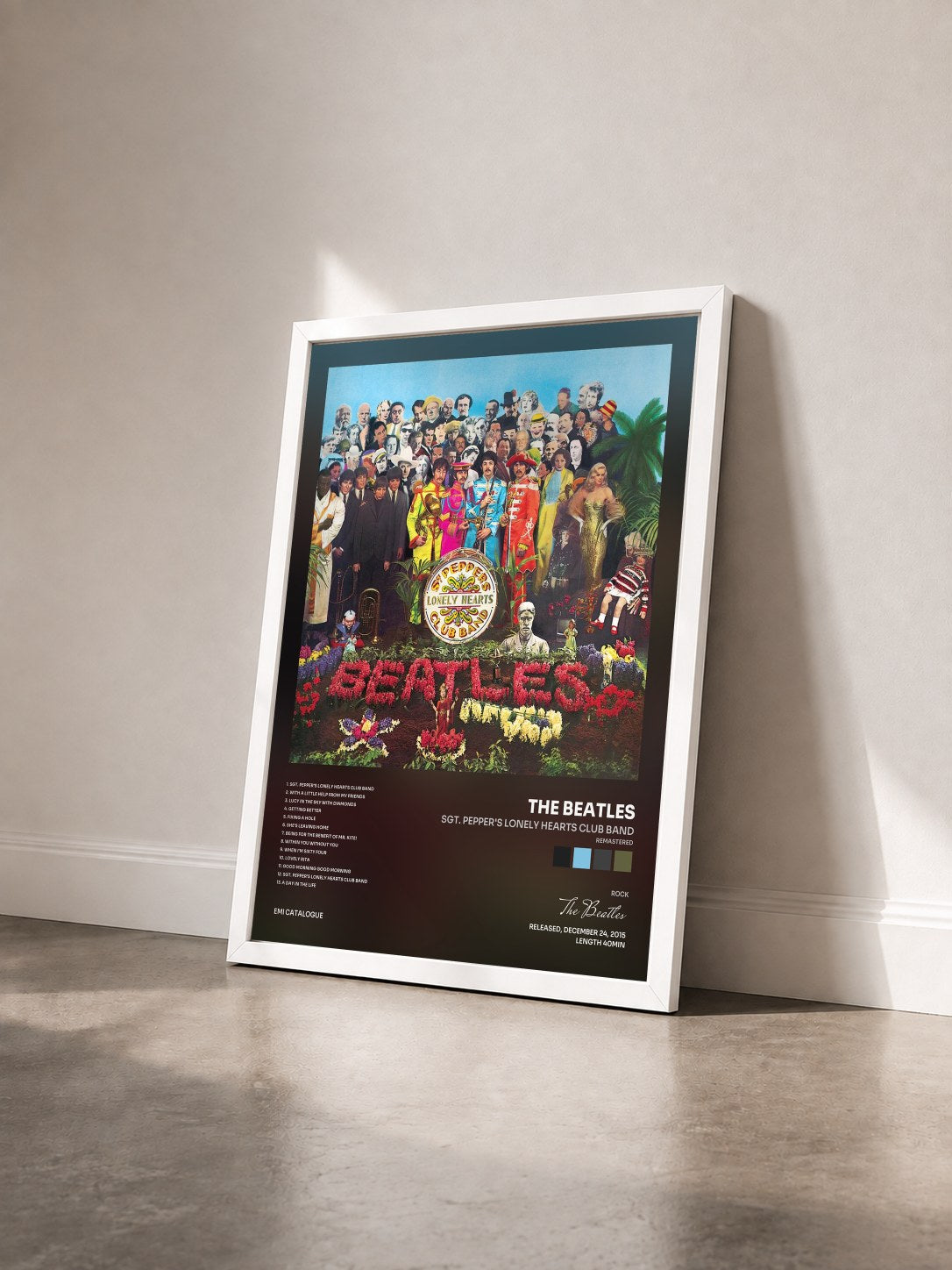 #blanc Tableau de l'album Sgt. Pepper's Lonely Hearts Club Band (Remastered) de The Beatles vu de trois quarts, cadre blanc