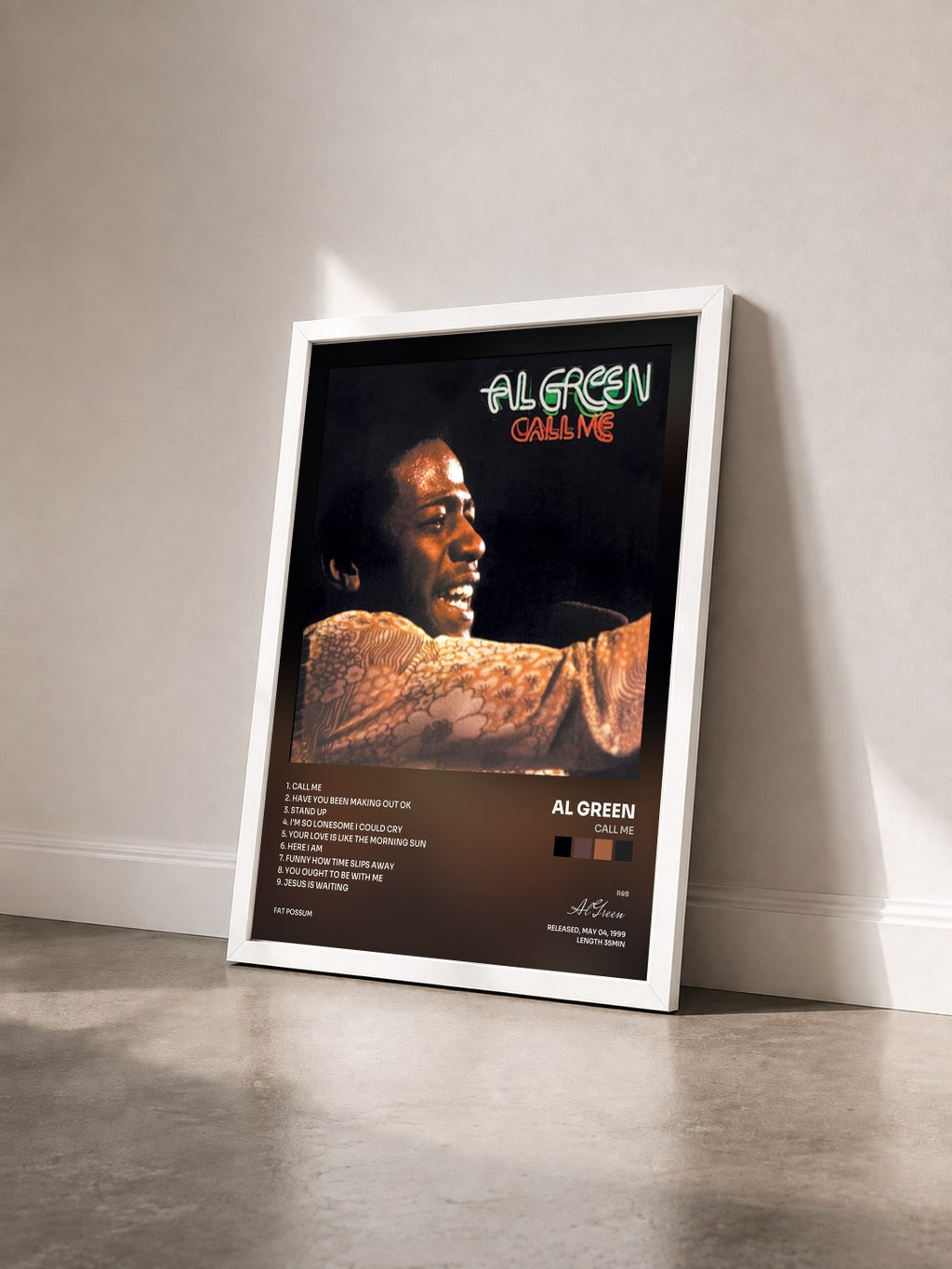 #blanc Call Me di Al Green in stampa incorniciata vista di tre quarti, cornice bianca