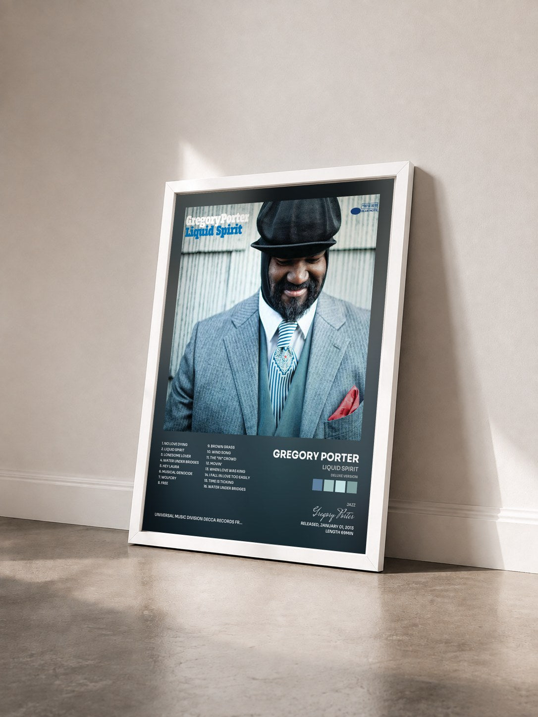 #blanc Liquid Spirit (Deluxe Version) by Gregory Porter as a framed art print seen at an angle, white frame