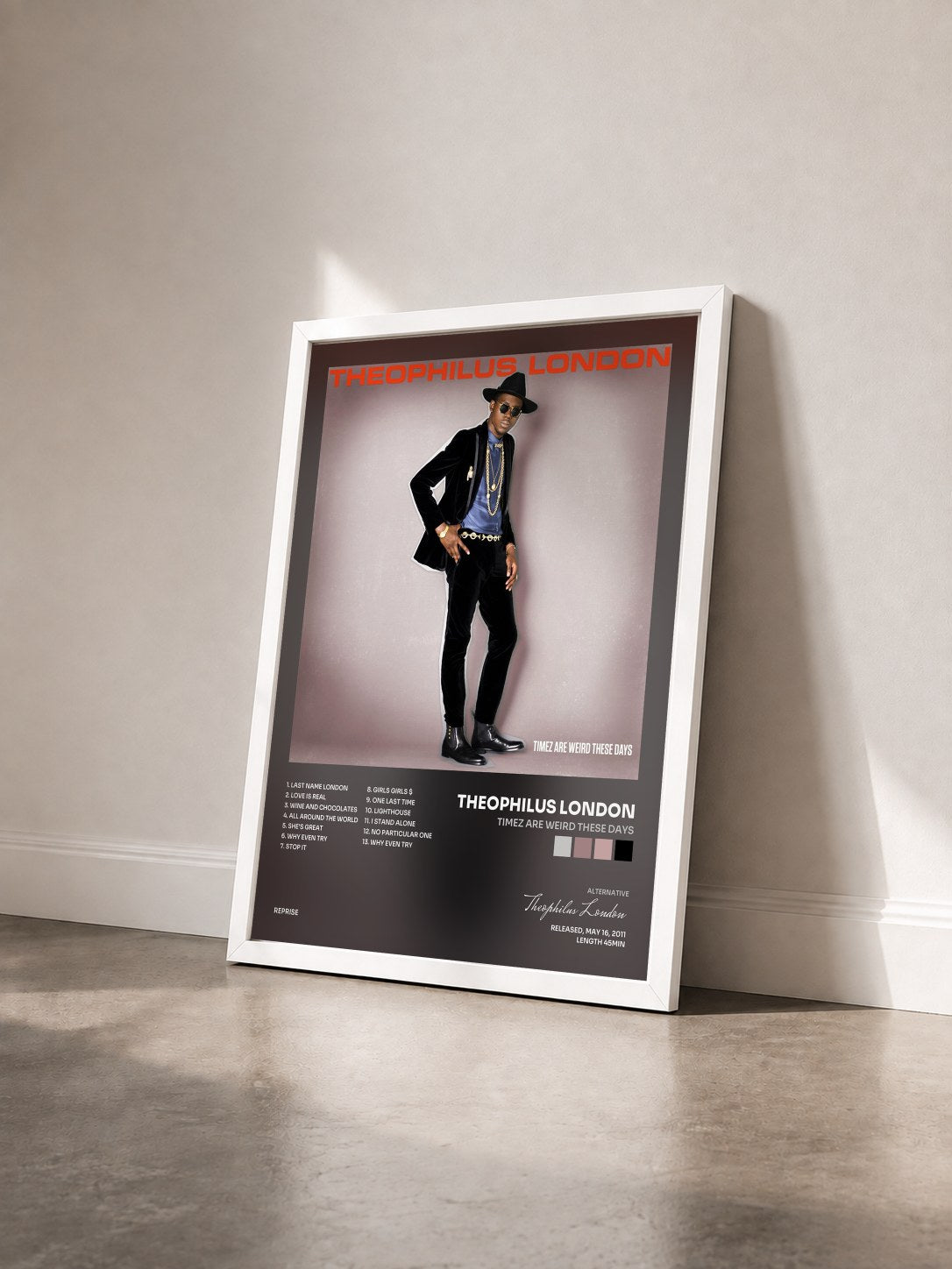 #blanc Tableau de l'album Timez Are Weird These Days de Theophilus London vu de trois quarts, cadre blanc