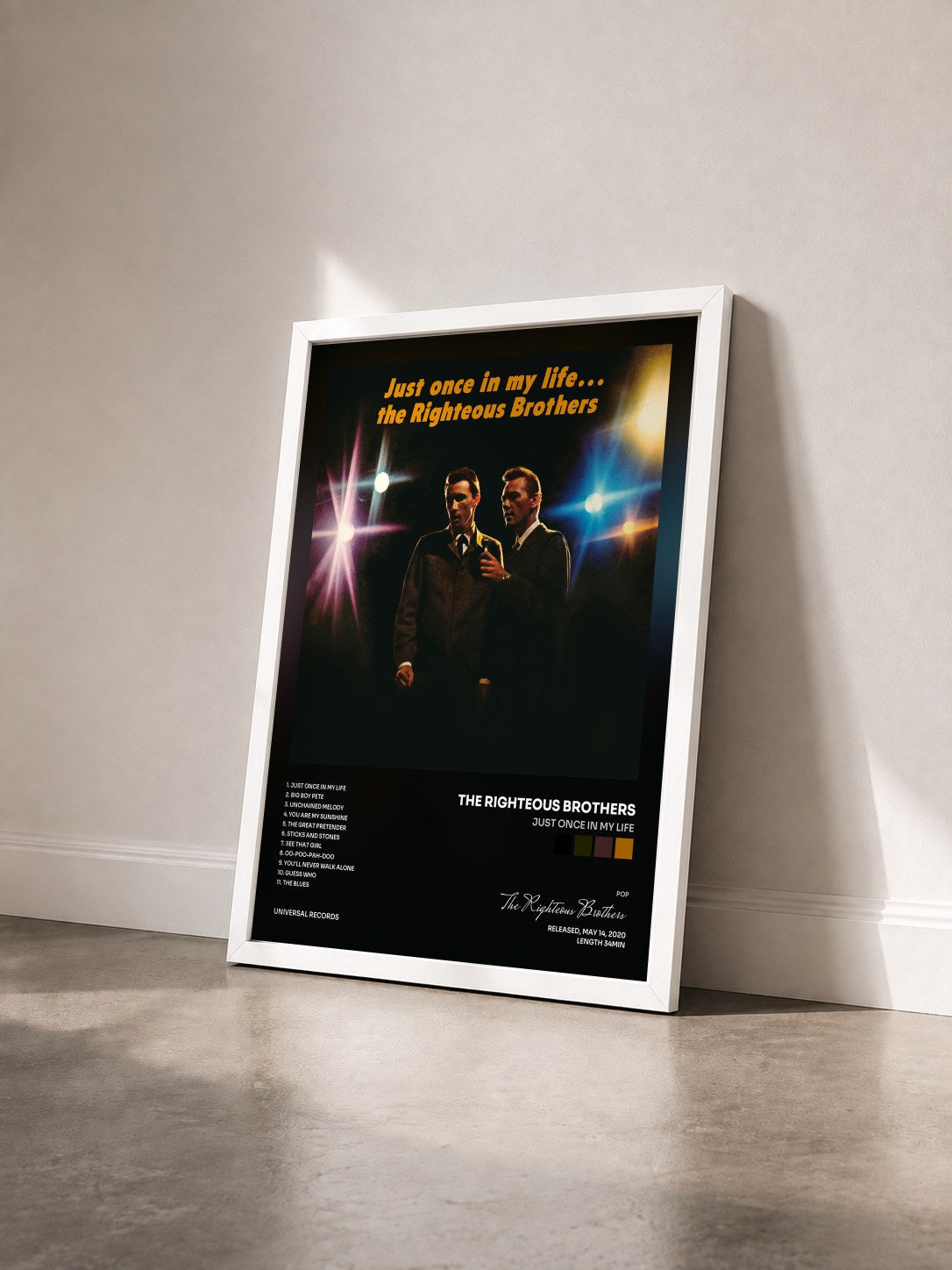 #blanc Tableau de l'album Just Once In My Life de The Righteous Brothers vu de trois quarts, cadre blanc