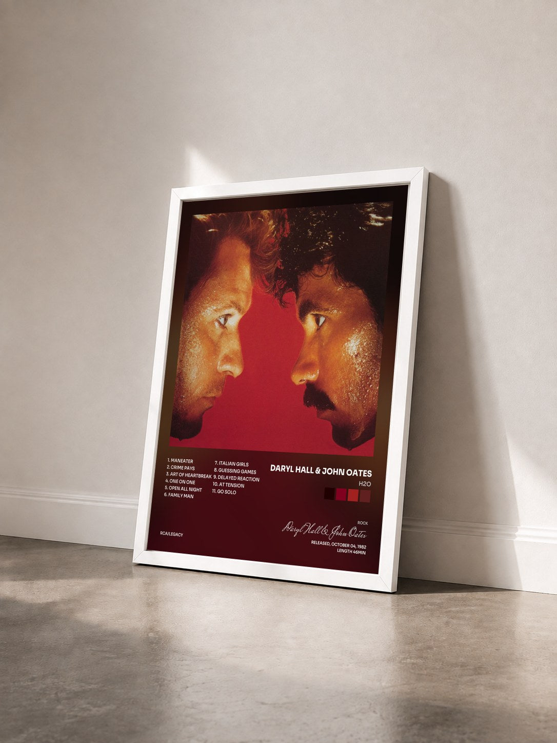#blanc Tableau de l'album H2O de Daryl Hall & John Oates vu de trois quarts, cadre blanc