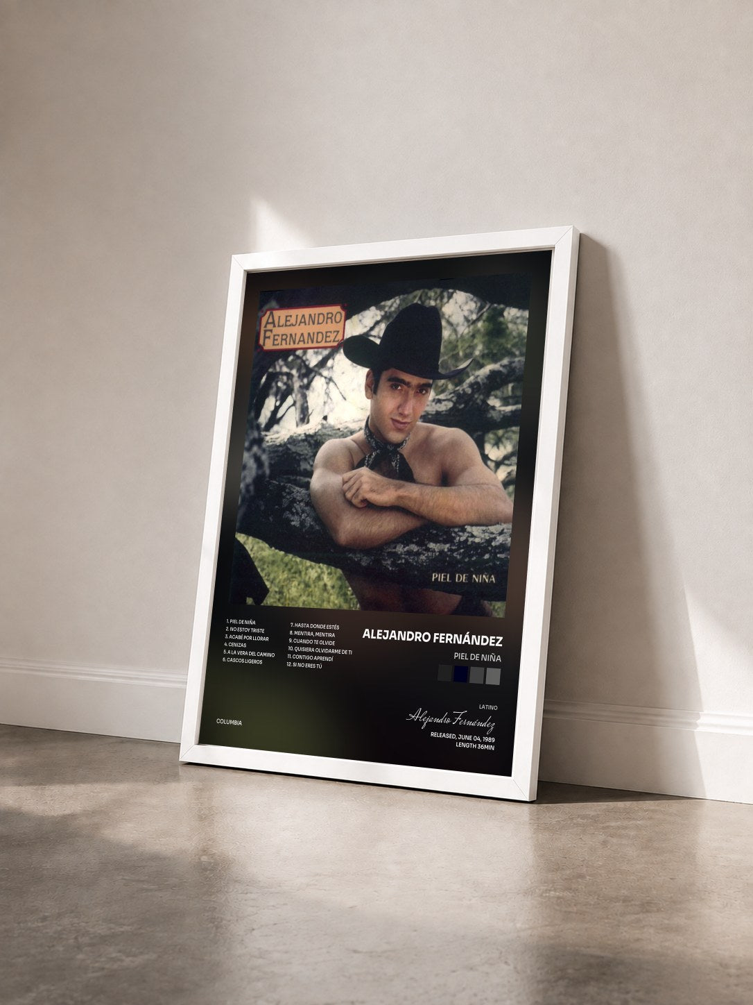#blanc Tableau de l'album Piel De Niña de Alejandro Fernández vu de trois quarts, cadre blanc