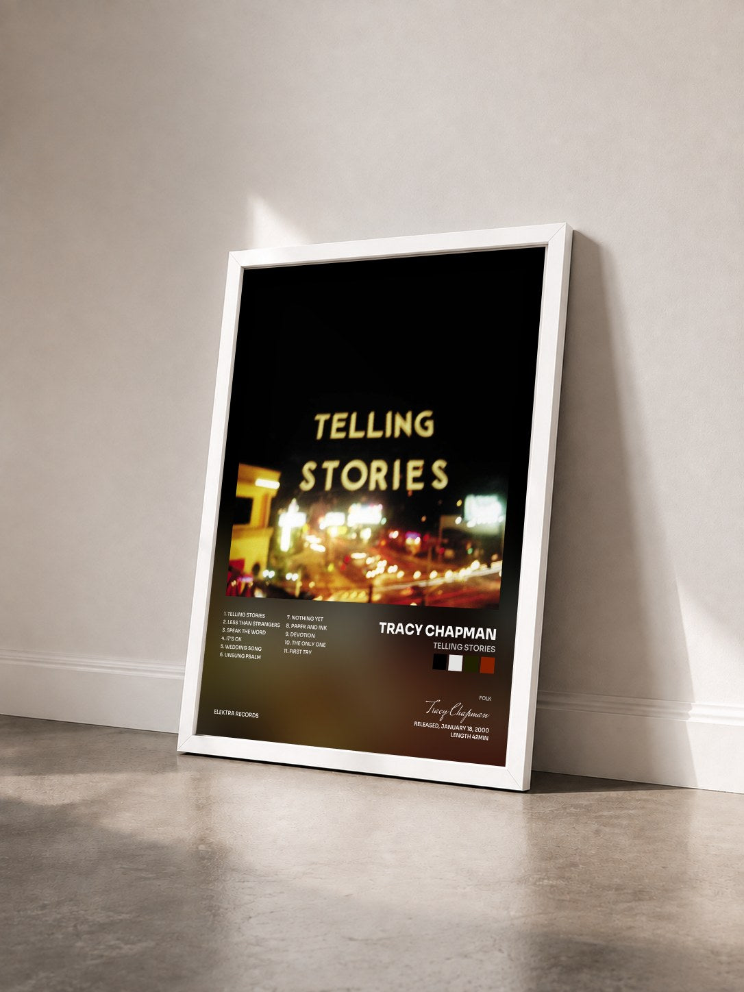 #blanc Tableau de l'album Telling Stories de Tracy Chapman vu de trois quarts, cadre blanc