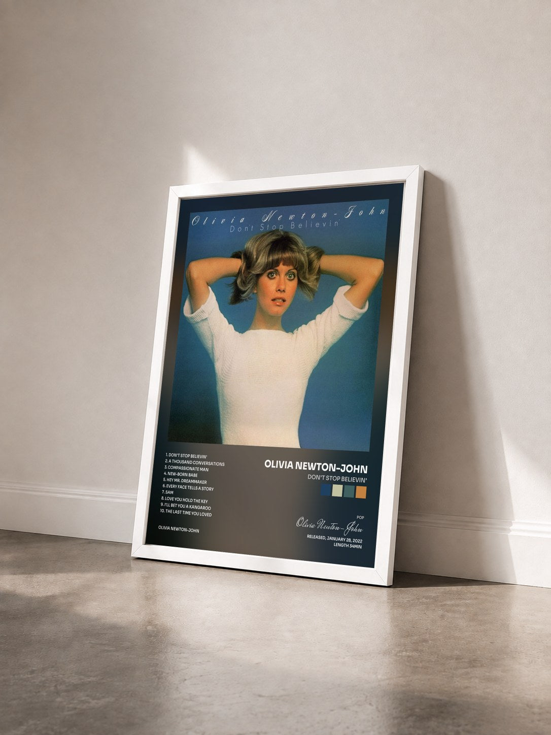 #blanc Tableau de l'album Don't Stop Believin' de Olivia Newton-John vu de trois quarts, cadre blanc