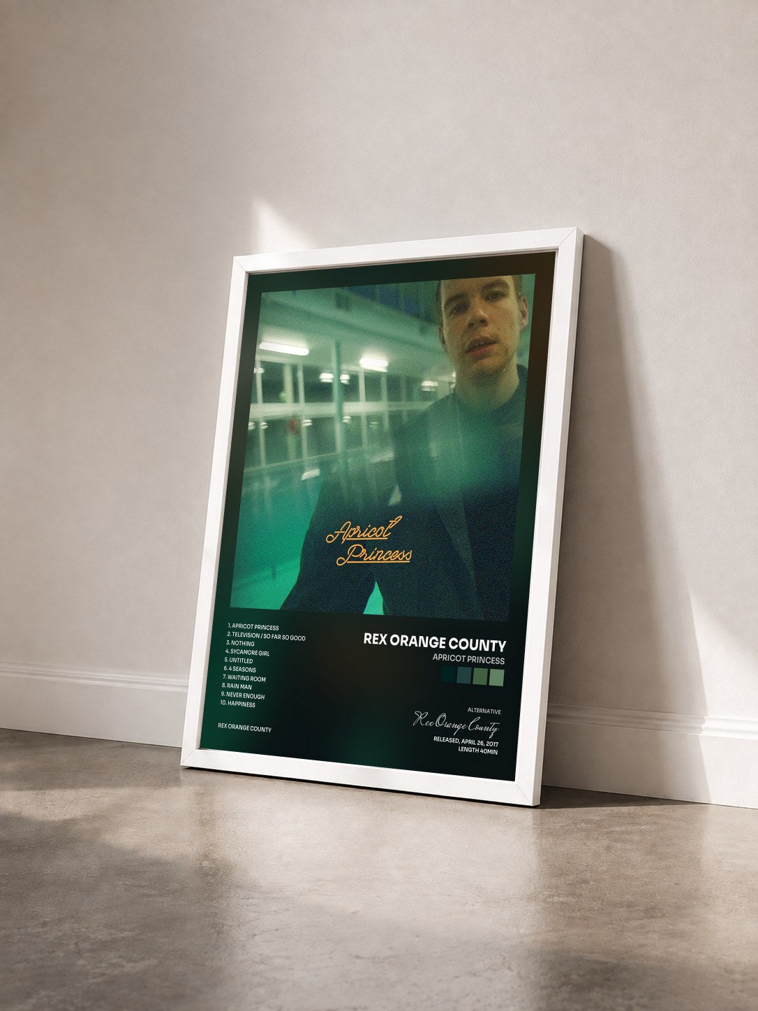 #blanc Tableau de l'album Apricot Princess de Rex Orange County vu de trois quarts, cadre blanc