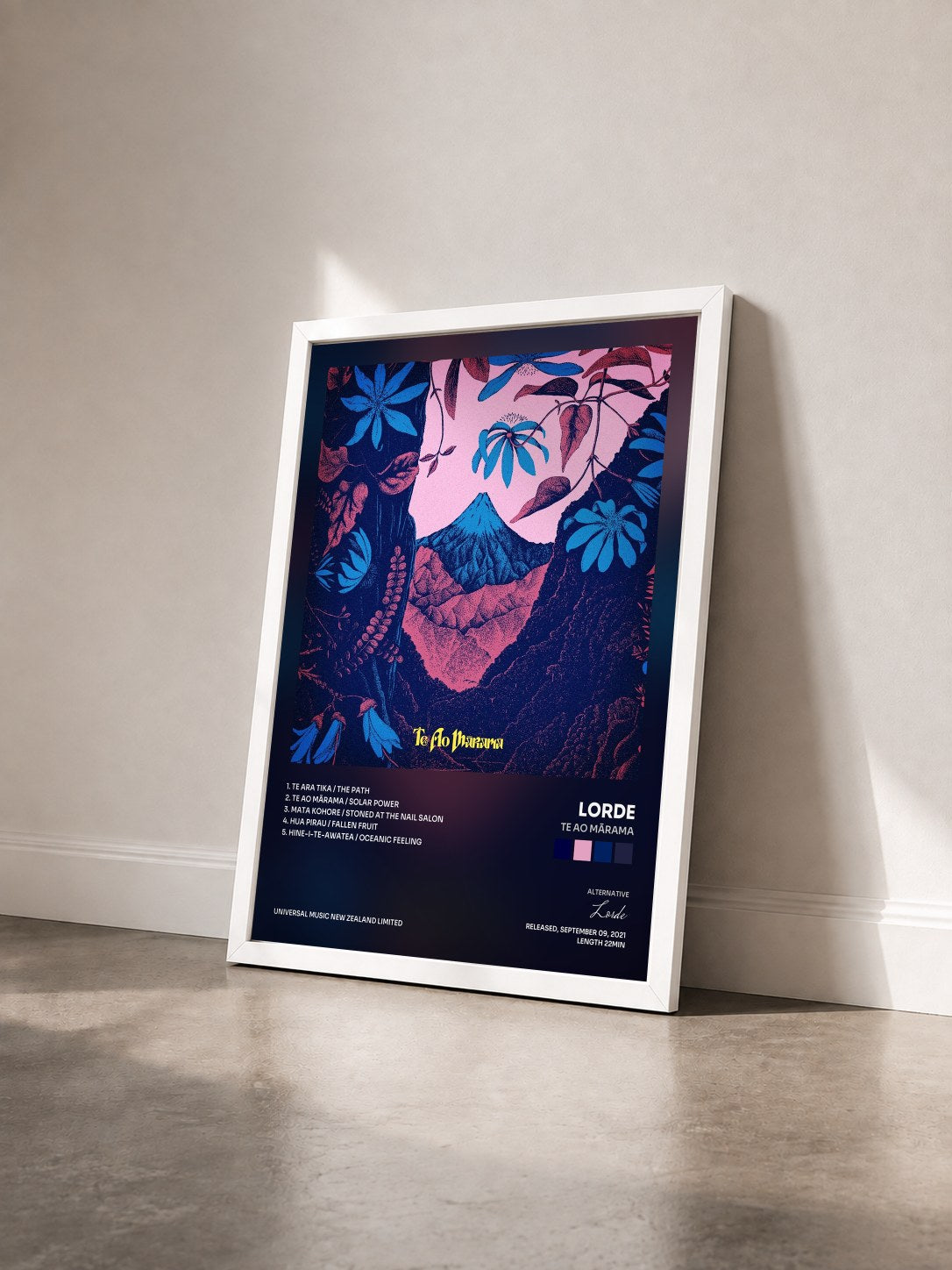 #blanc Te Ao Mārama by Lorde as a framed art print seen at an angle, white frame