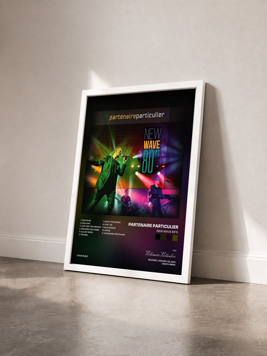 #blanc Tableau de l'album New Wave 80's de Partenaire Particulier vu de trois quarts, cadre blanc
