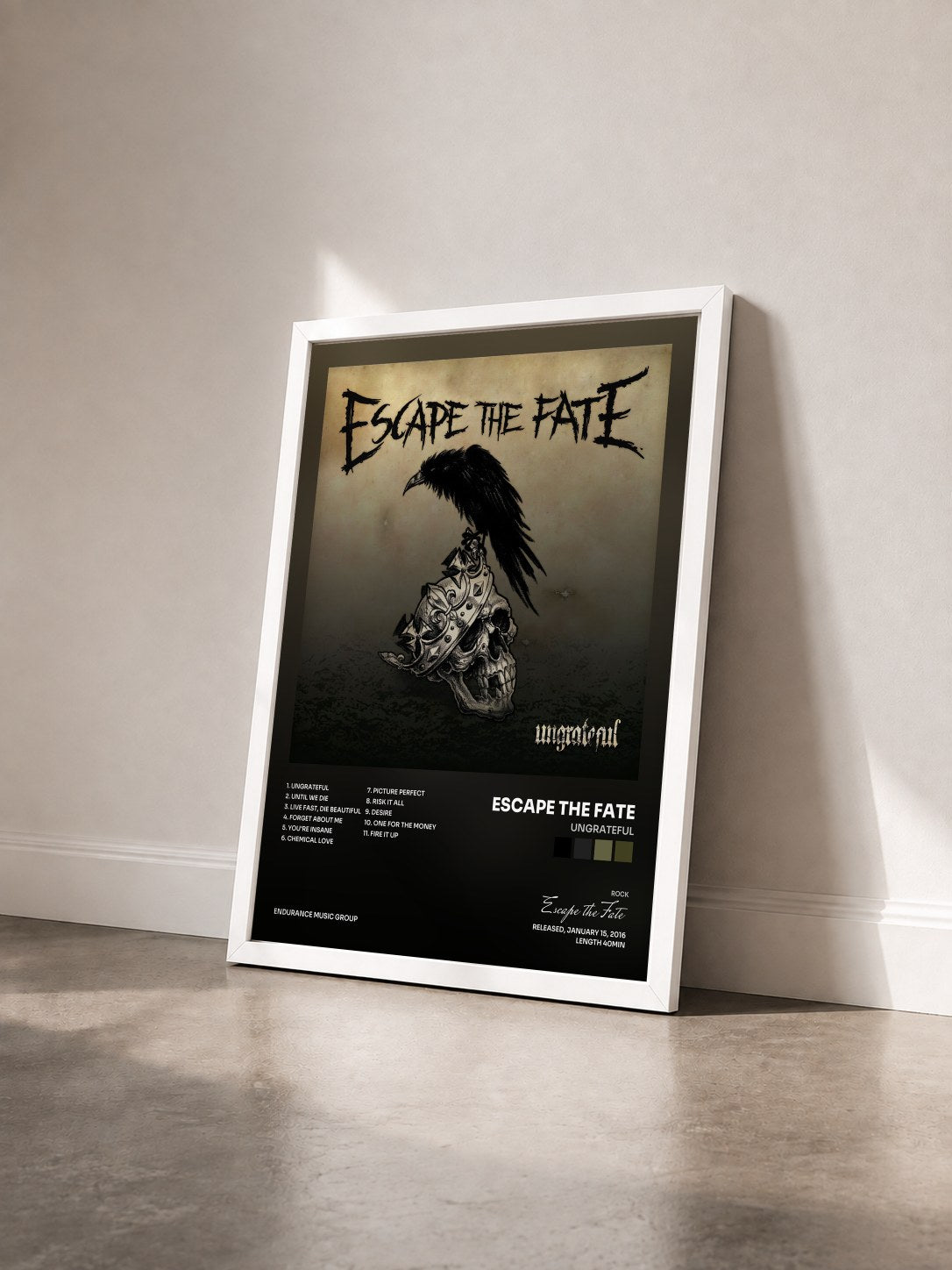 #blanc Ungrateful by Escape the Fate as a framed art print seen at an angle, white frame