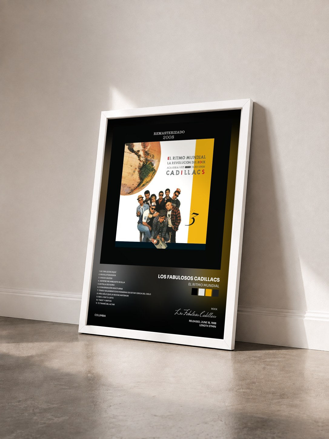#blanc Tableau de l'album El Ritmo Mundial de Los Fabulosos Cadillacs vu de trois quarts, cadre blanc