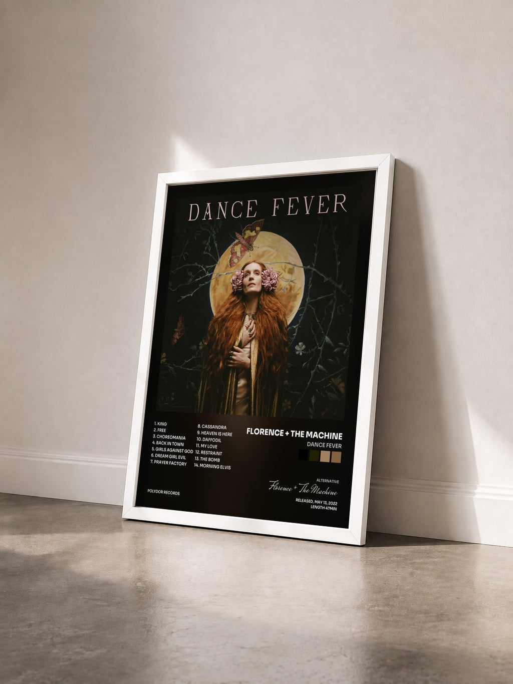 #blanc Tableau de l'album Dance Fever de Florence + The Machine vu de trois quarts, cadre blanc