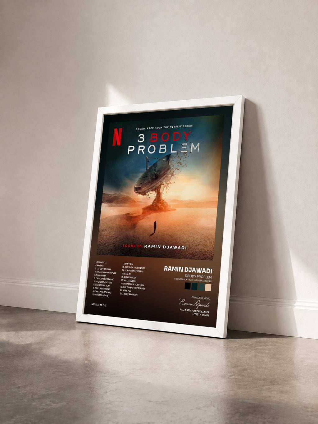 #blanc Tableau de l'album 3 Body Problem (Soundtrack from the Netflix Series) de Ramin Djawadi vu de trois quarts, cadre blanc