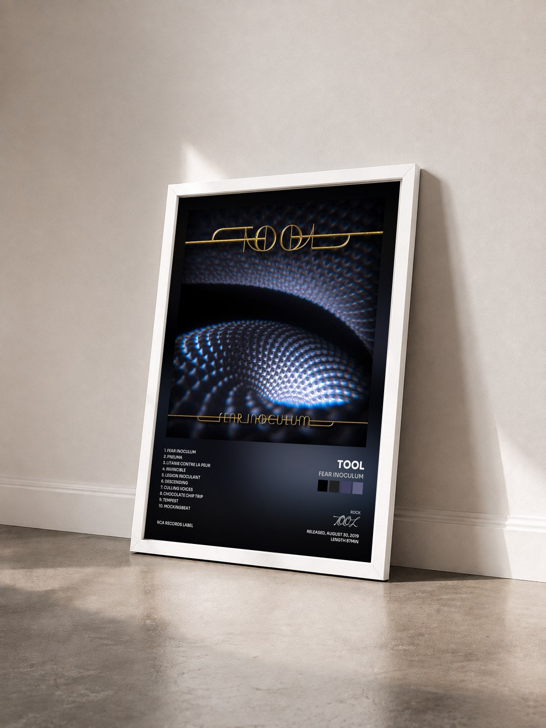 #blanc Fear Inoculum by TOOL as a framed art print seen at an angle, white frame