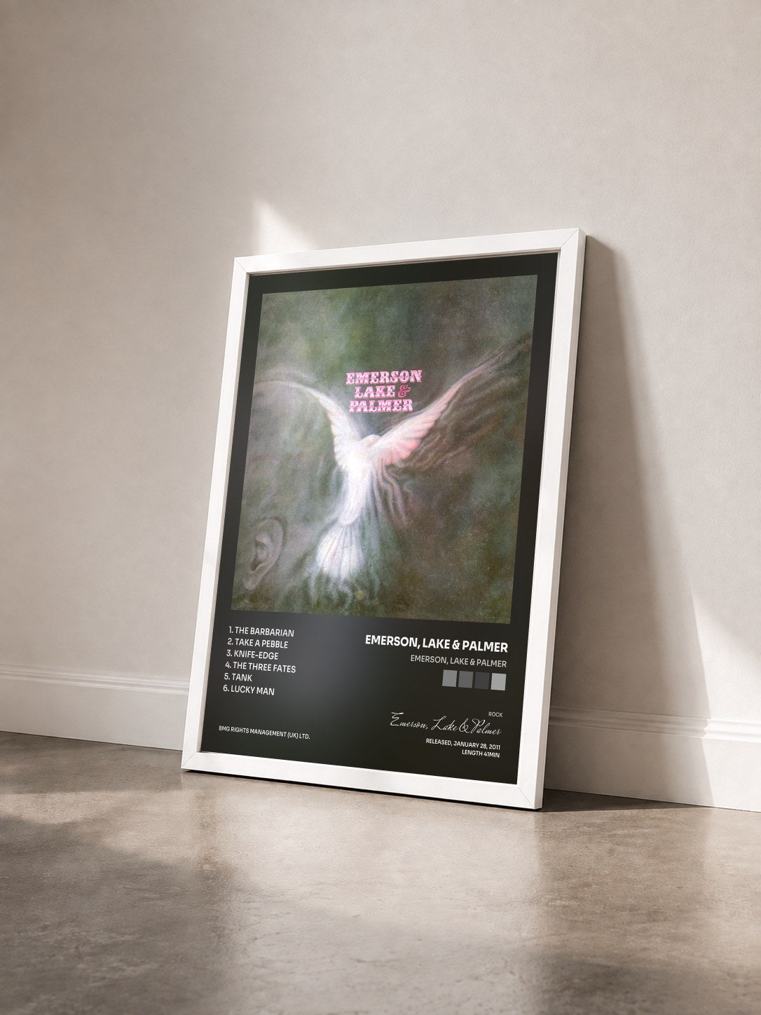 #blanc Tableau de l'album Emerson, Lake & Palmer de Emerson, Lake & Palmer vu de trois quarts, cadre blanc