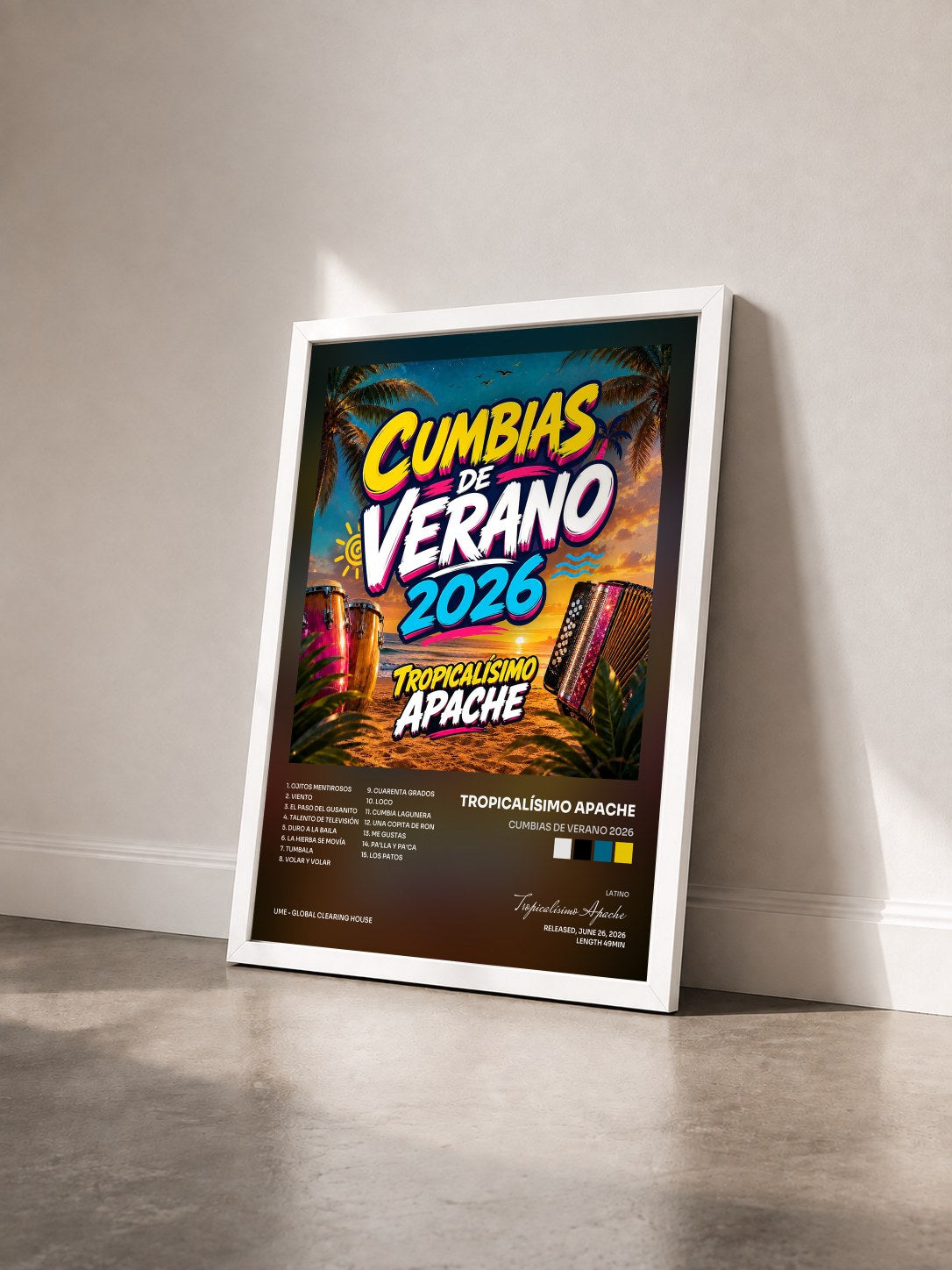 #blanc Tableau de l'album CUMBIAS DE VERANO 2026 de Tropicalísimo Apache vu de trois quarts, cadre blanc