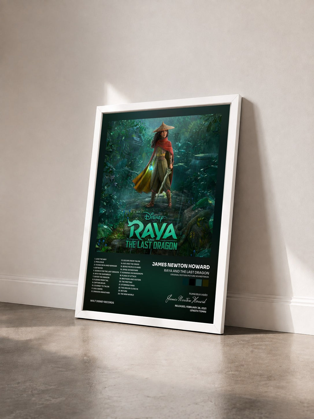 #blanc Raya and the Last Dragon (Original Motion Picture Soundtrack) by James Newton Howard as a framed art print seen at an angle, white frame