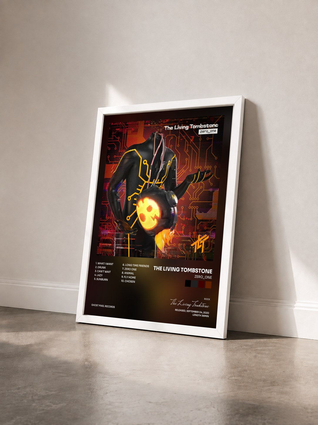 #blanc Tableau de l'album zero_one de The Living Tombstone vu de trois quarts, cadre blanc