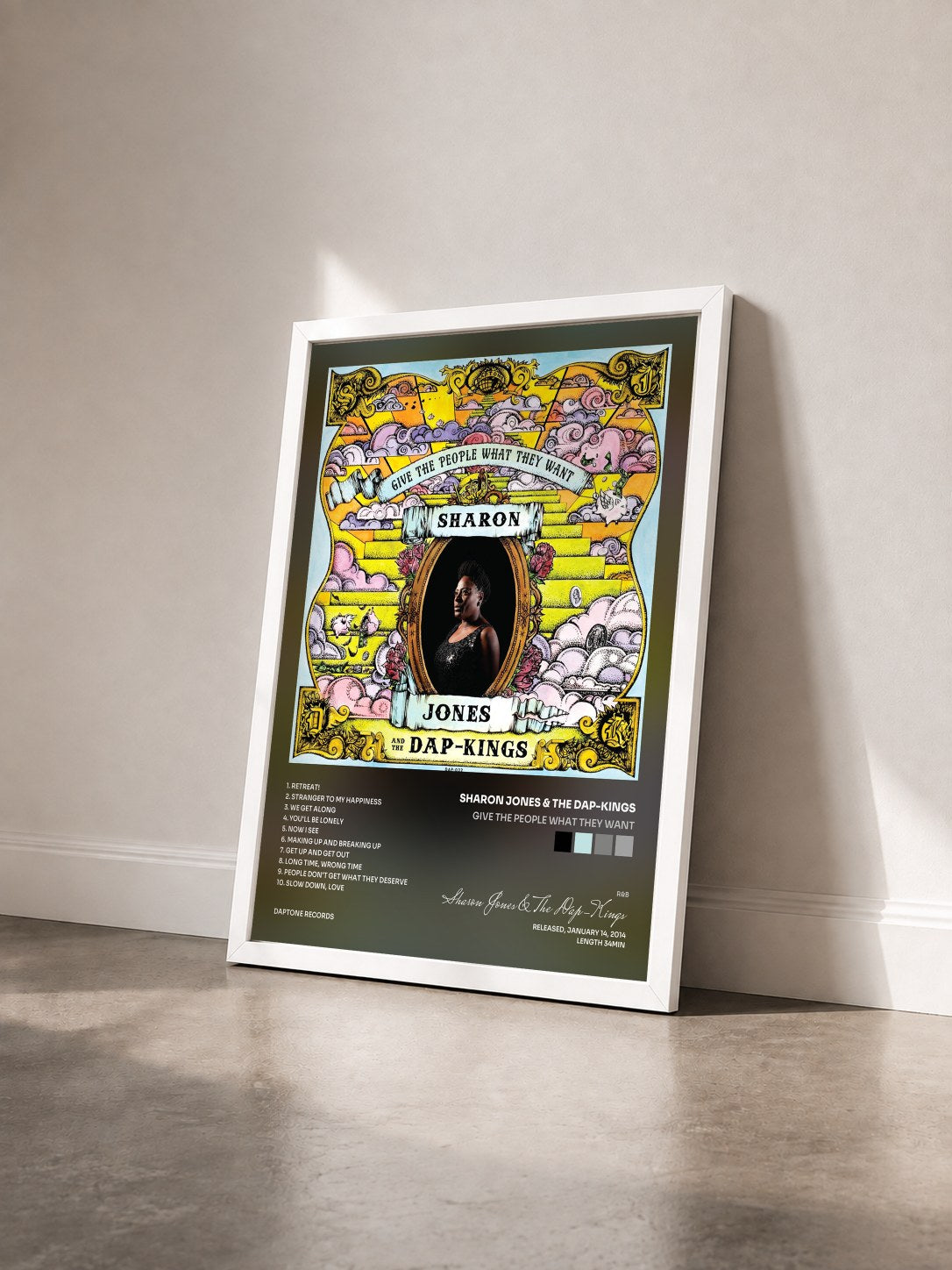 #blanc Tableau de l'album Give the People What They Want de Sharon Jones & The Dap-Kings vu de trois quarts, cadre blanc