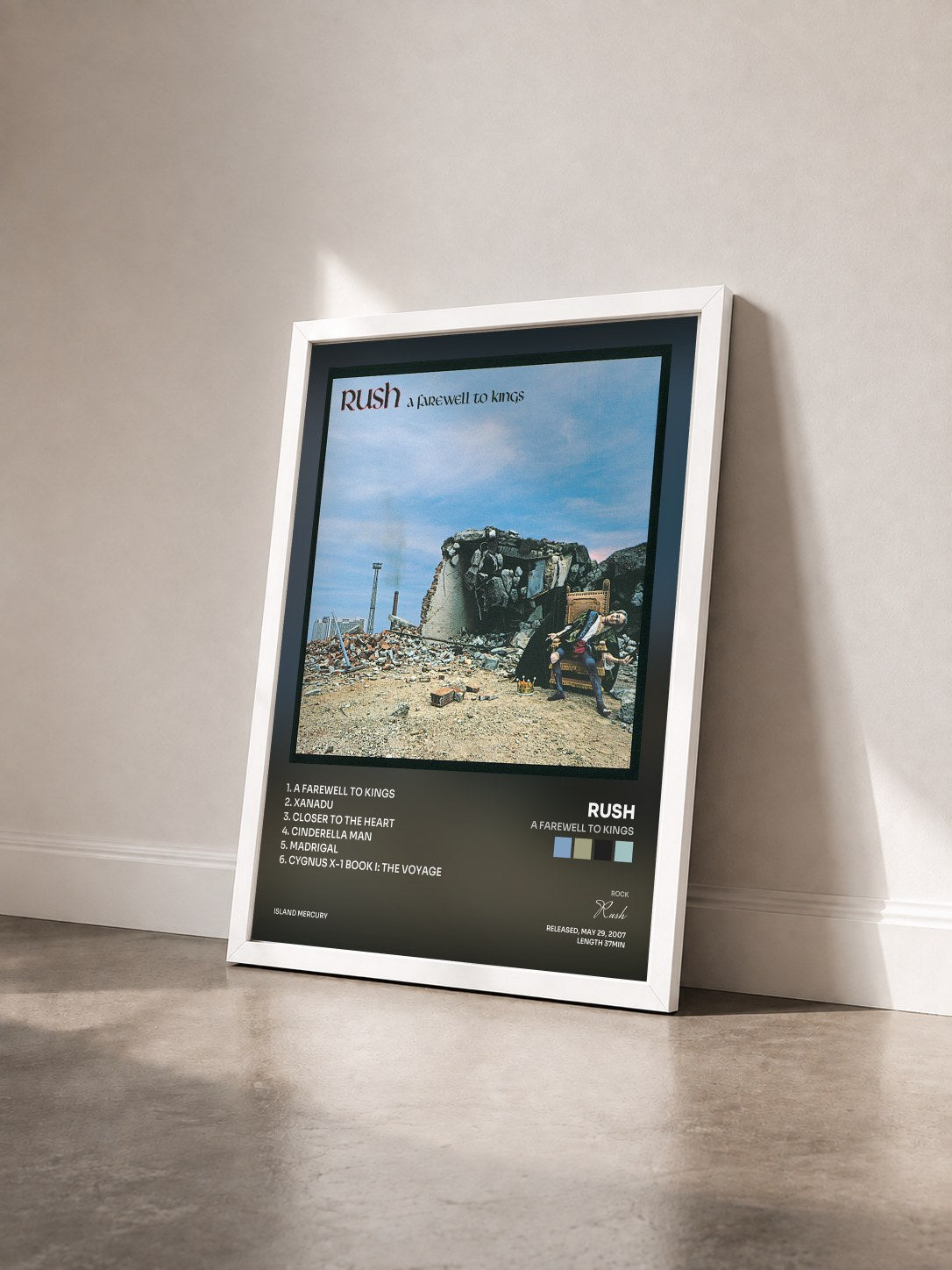 #blanc Tableau de l'album A Farewell To Kings de Rush vu de trois quarts, cadre blanc