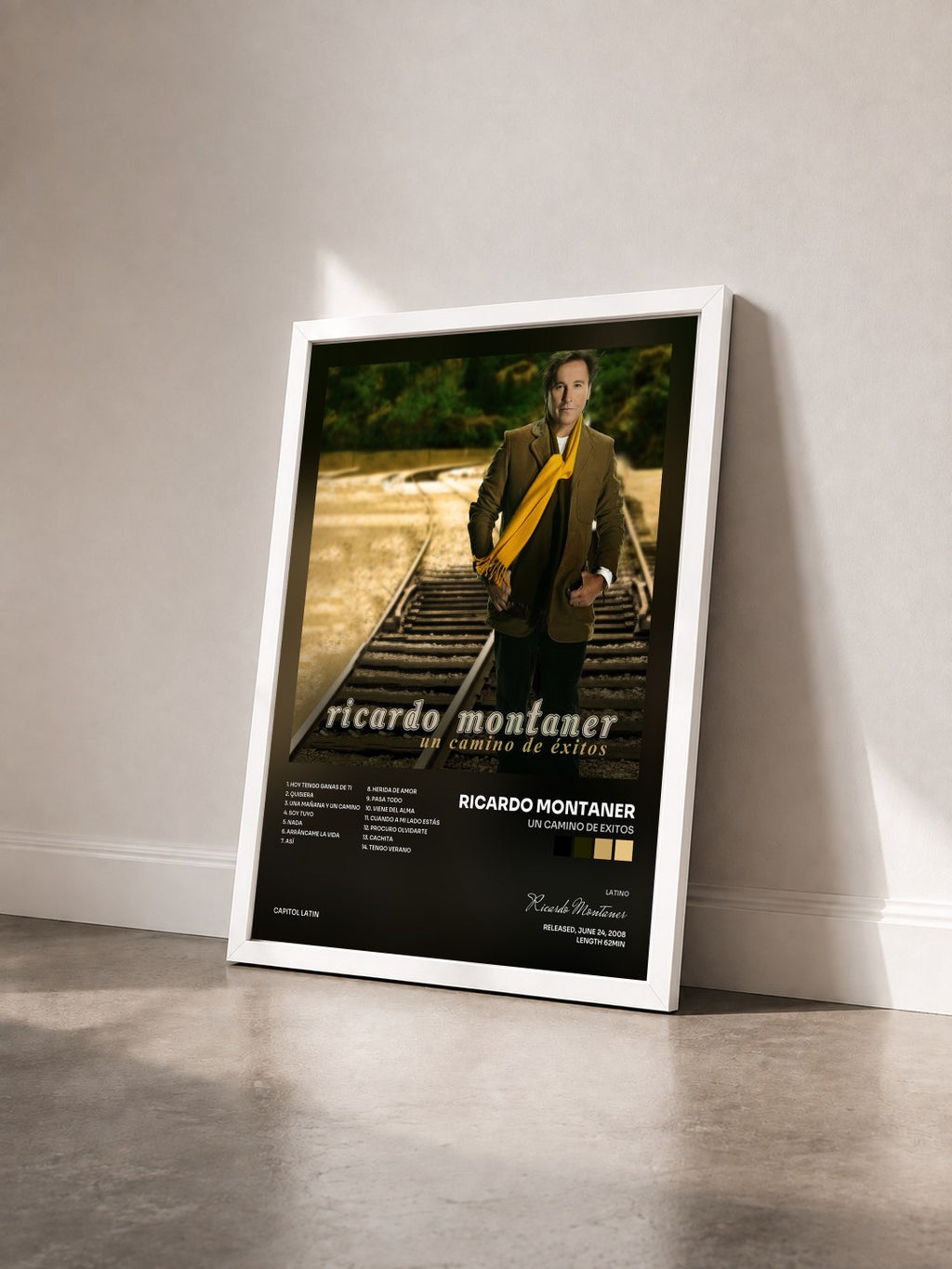 #blanc Tableau de l'album Un Camino De Exitos de Ricardo Montaner vu de trois quarts, cadre blanc