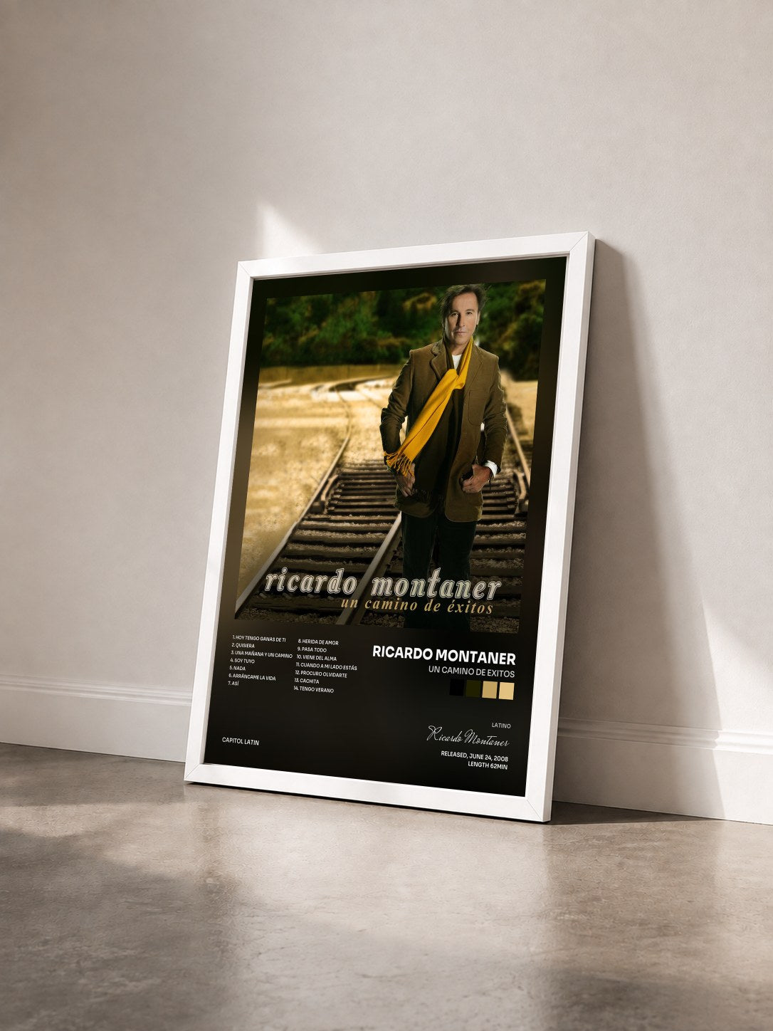 #blanc Tableau de l'album Un Camino De Exitos de Ricardo Montaner vu de trois quarts, cadre blanc