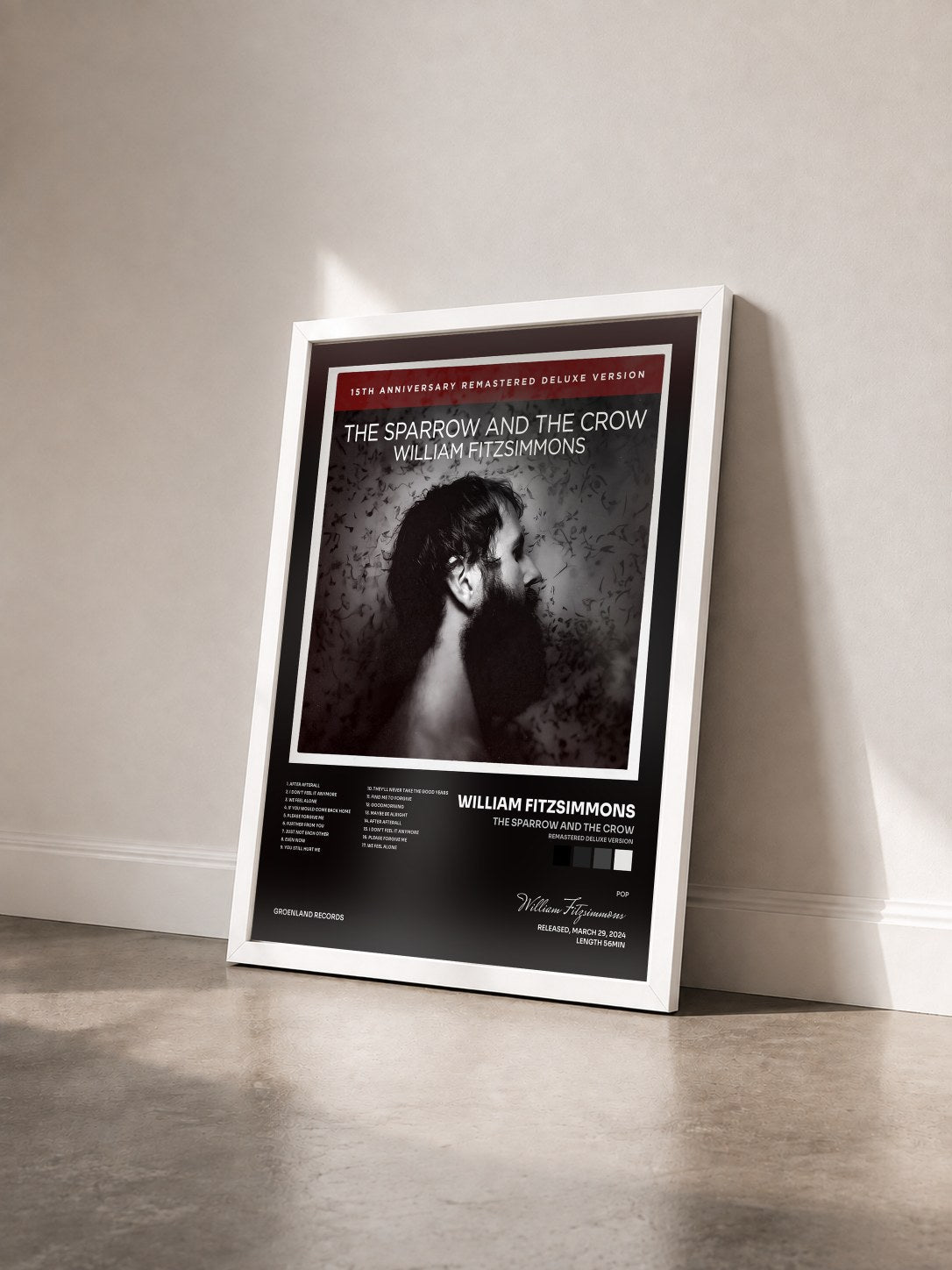 #blanc Tableau de l'album The Sparrow and the Crow (Remastered Deluxe Version) de William Fitzsimmons vu de trois quarts, cadre blanc