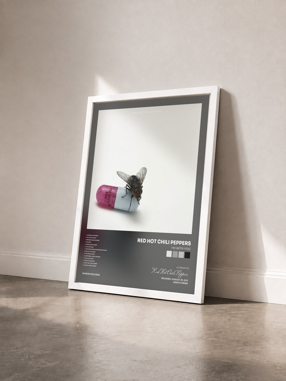 #blanc I'm with You by Red Hot Chili Peppers as a framed art print seen at an angle, white frame