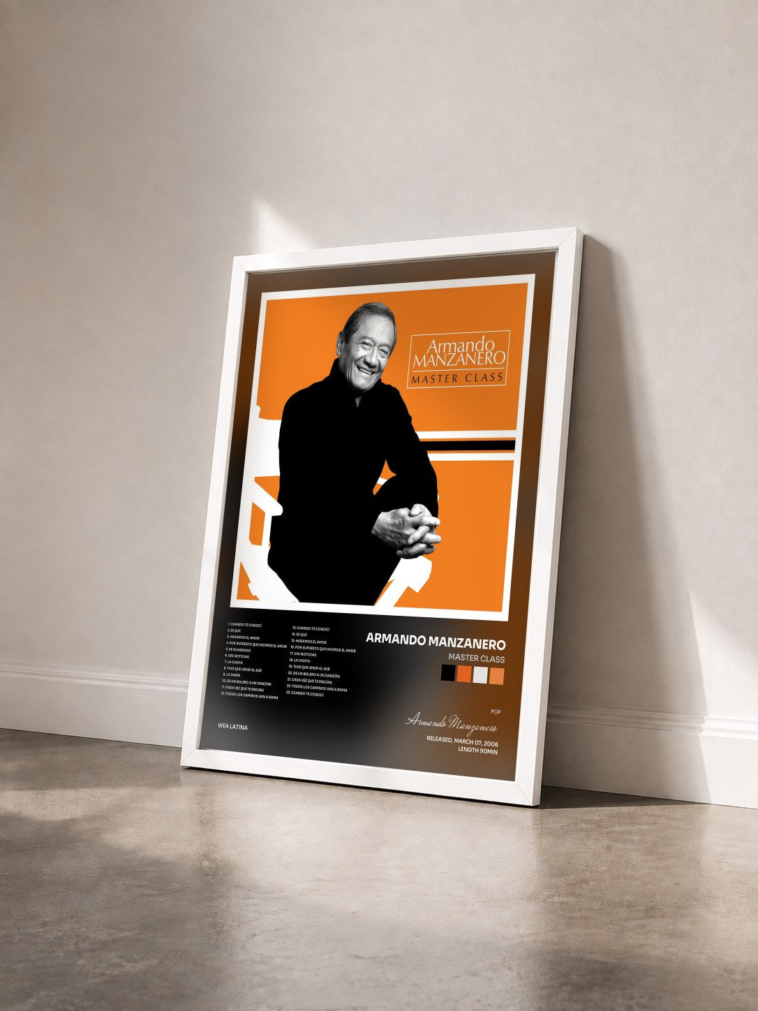 #blanc Tableau de l'album Master Class de Armando Manzanero vu de trois quarts, cadre blanc