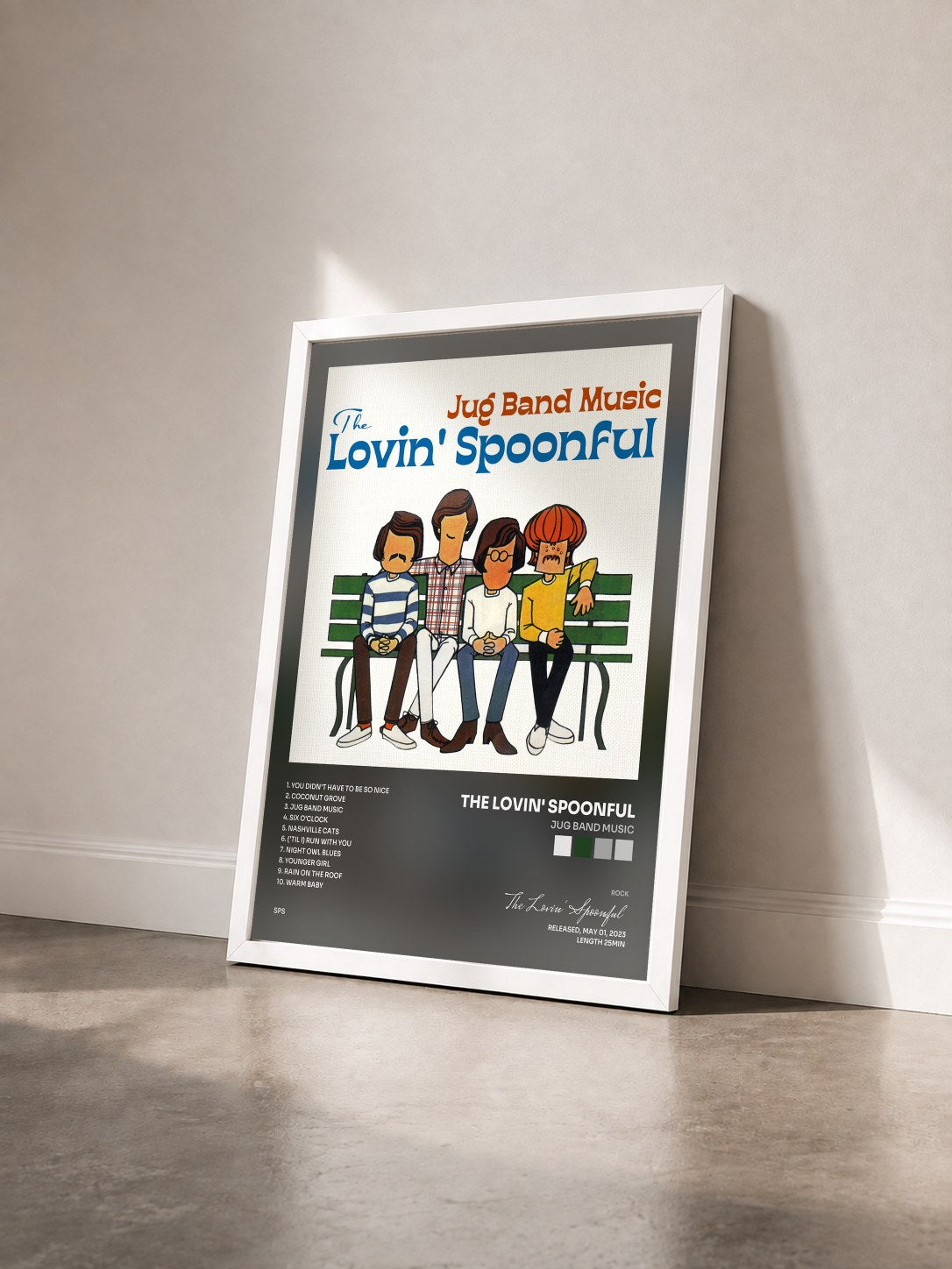 #blanc Tableau de l'album Jug Band Music de The Lovin' Spoonful vu de trois quarts, cadre blanc