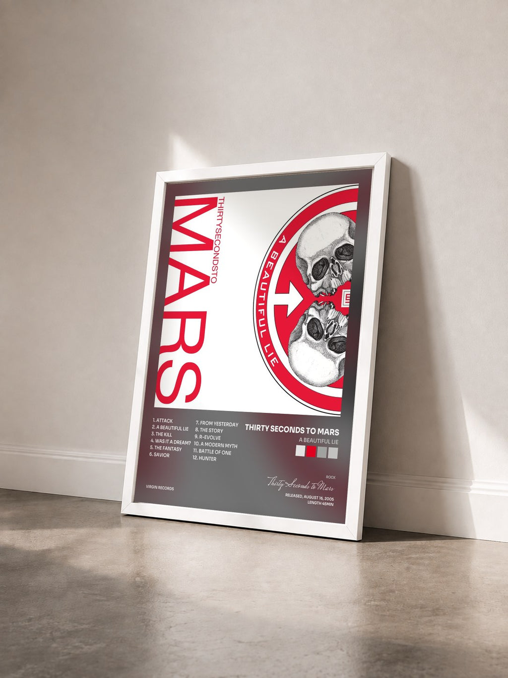 #blanc Tableau de l'album A Beautiful Lie de Thirty Seconds to Mars vu de trois quarts, cadre blanc