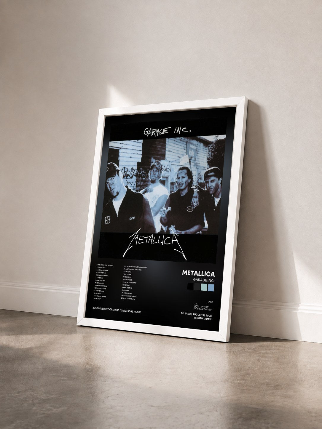 #blanc Garage Inc. by Metallica as a framed art print seen at an angle, white frame