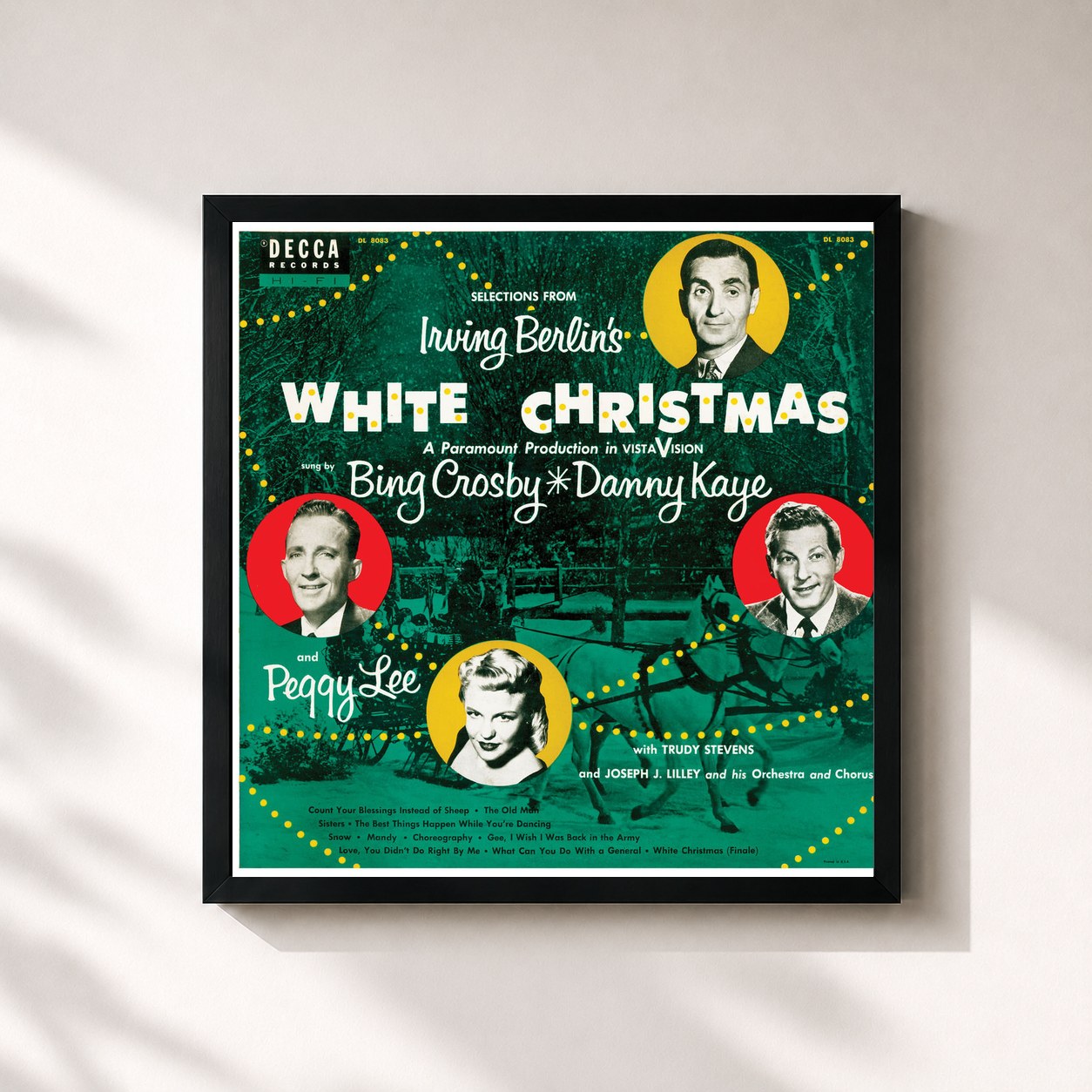 #noir Tableau carré de l'album Selections From Irving Berlin's White Christmas de Bing Crosby, cadre noir 32x32 cm