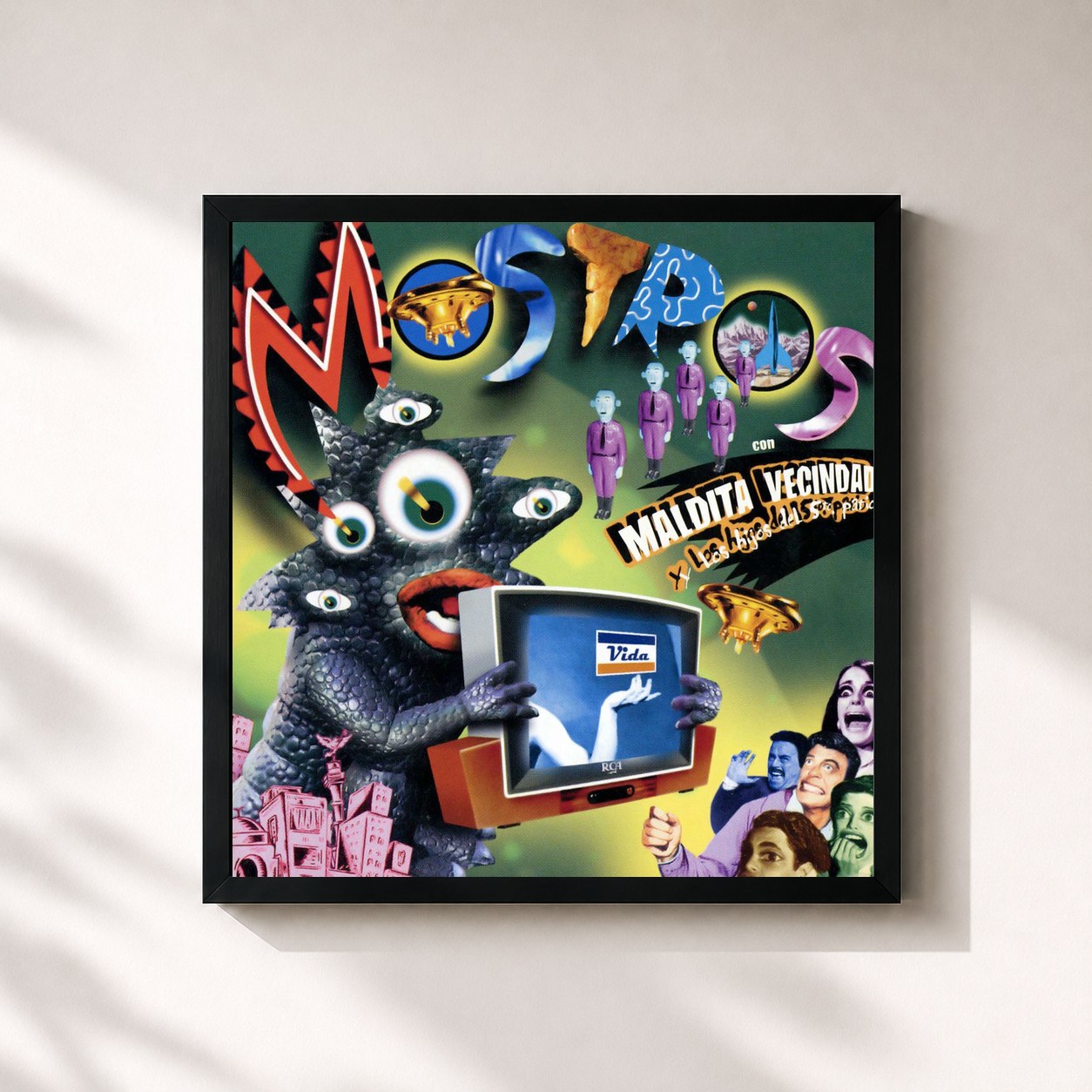 #noir Tableau carré de l'album Mostros de Maldita Vecindad y Los Hijos del 5to Patio, cadre noir 32x32 cm