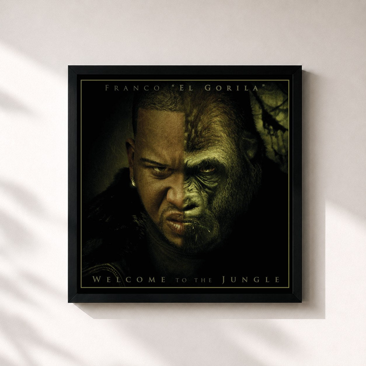 #noir Tableau carré de l'album Welcome To The Jungle de Franco "El Gorilla", cadre noir 32x32 cm