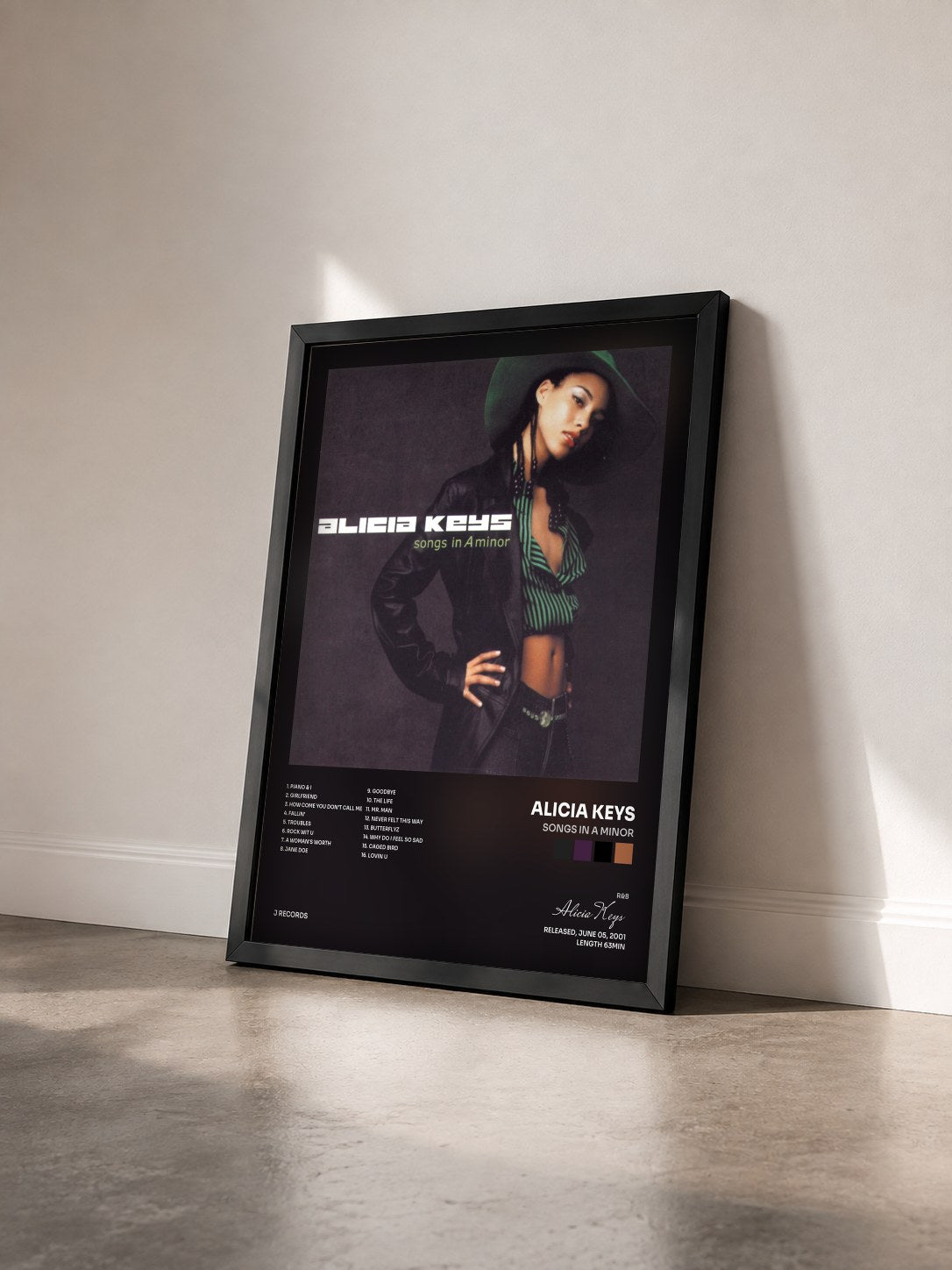 #noir Songs In A Minor by Alicia Keys as a framed art print seen at an angle, black frame