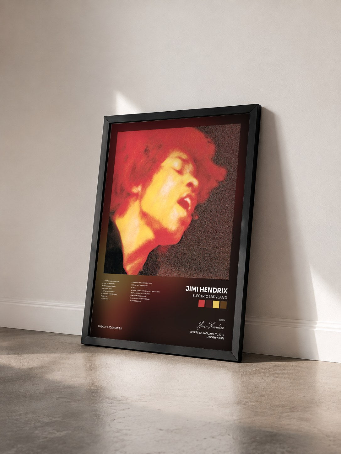 #noir Electric Ladyland de Jimi Hendrix en lámina enmarcada vista de tres cuartos, marco negro