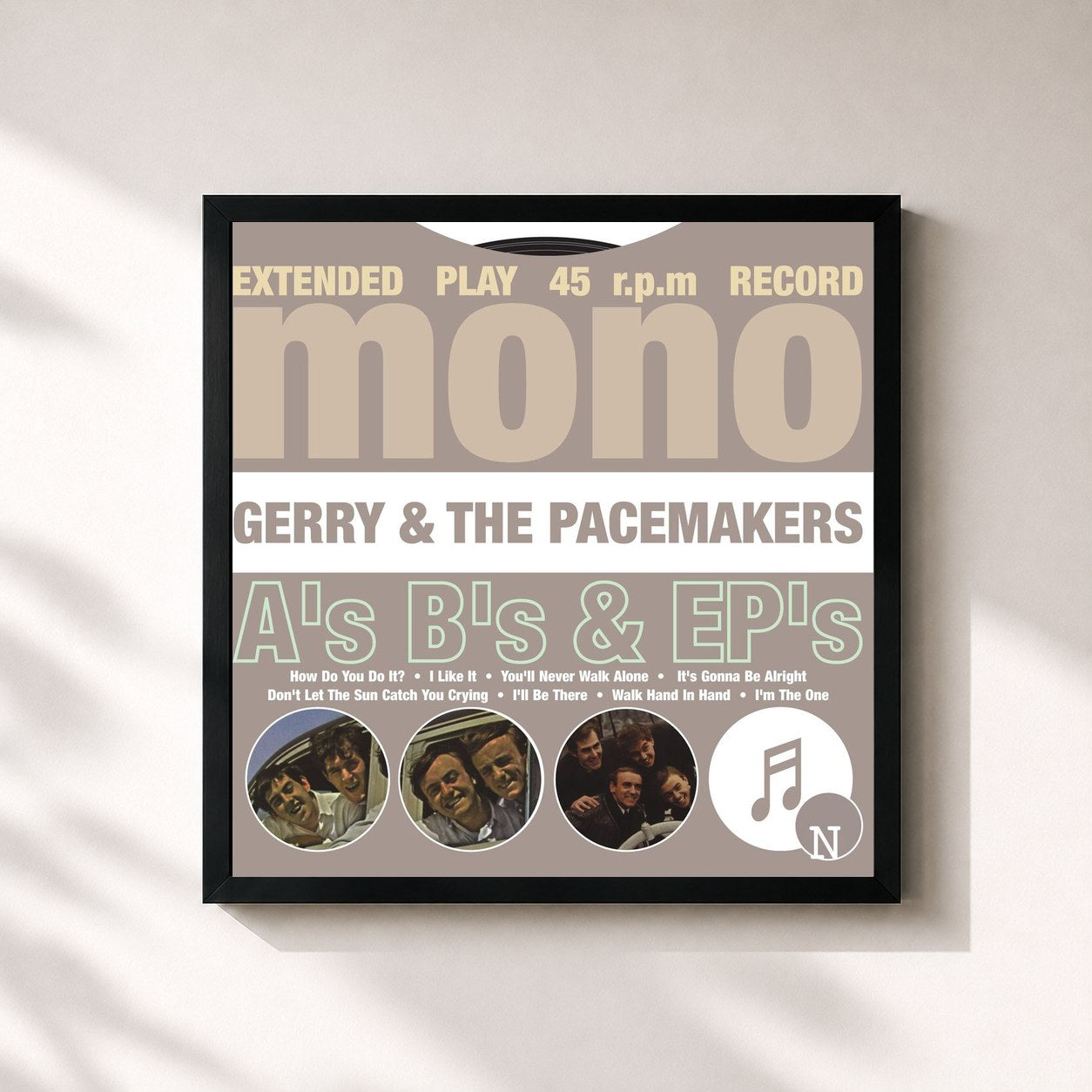 #noir Tableau carré de l'album A's, B's & EP's de Gerry & The Pacemakers, cadre noir 32x32 cm
