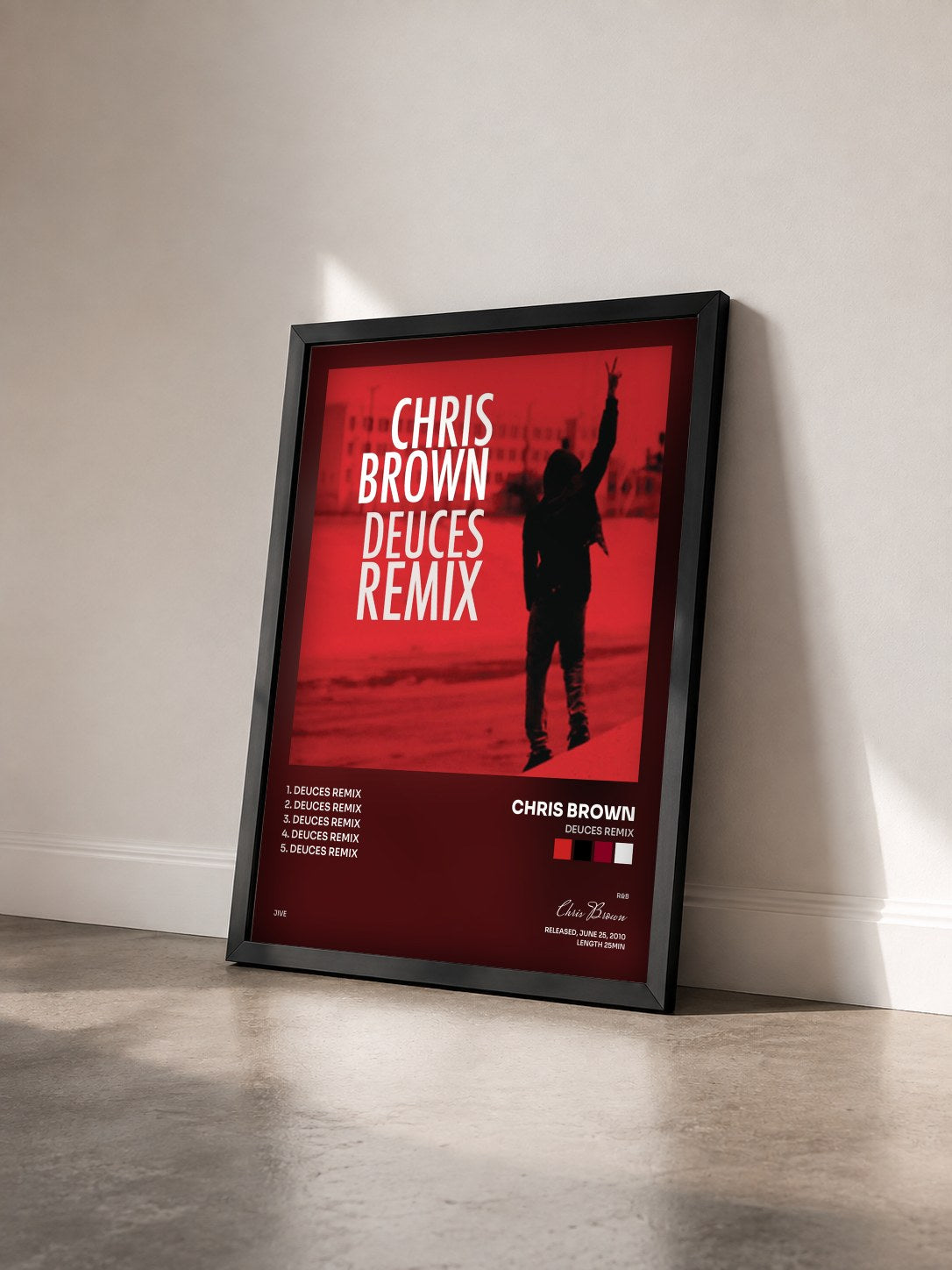 #noir Tableau de l'album Deuces Remix de Chris Brown vu de trois quarts, cadre noir