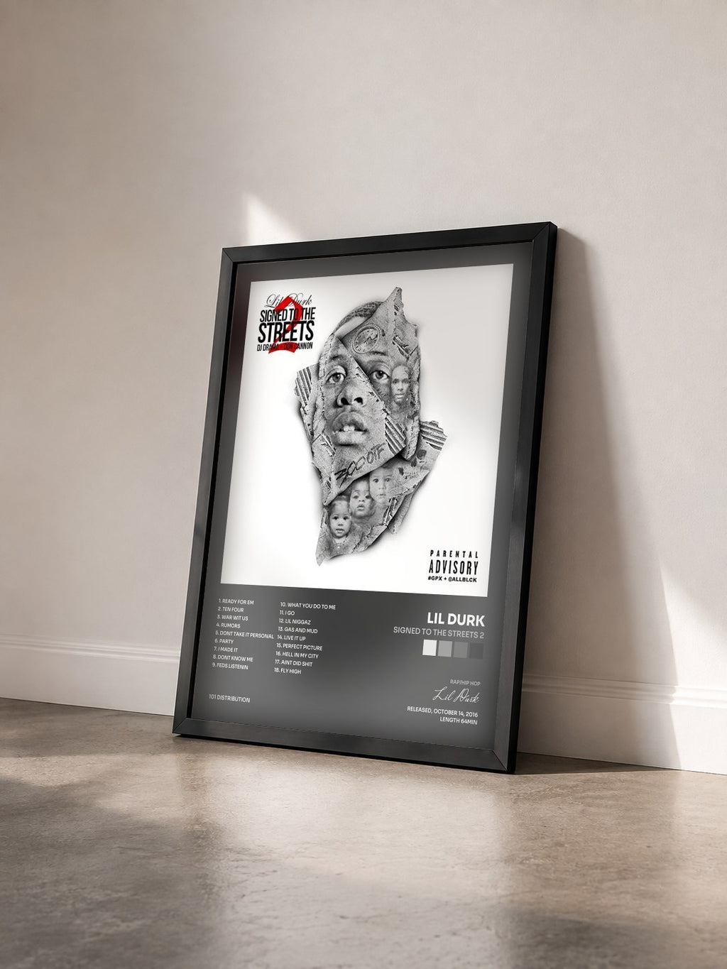 #noir Tableau de l'album Signed To The Streets 2 de Lil Durk vu de trois quarts, cadre noir
