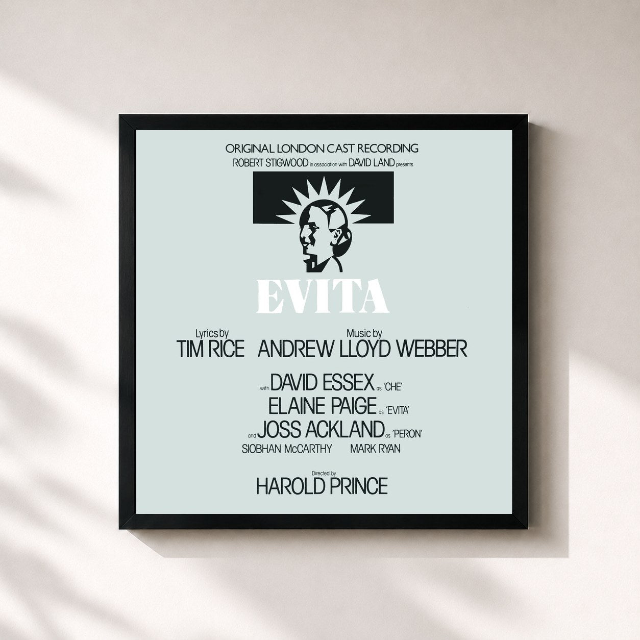 #noir Tableau carré de l'album Evita (Original London Cast Recording) de Andrew Lloyd Webber, cadre noir 32x32 cm