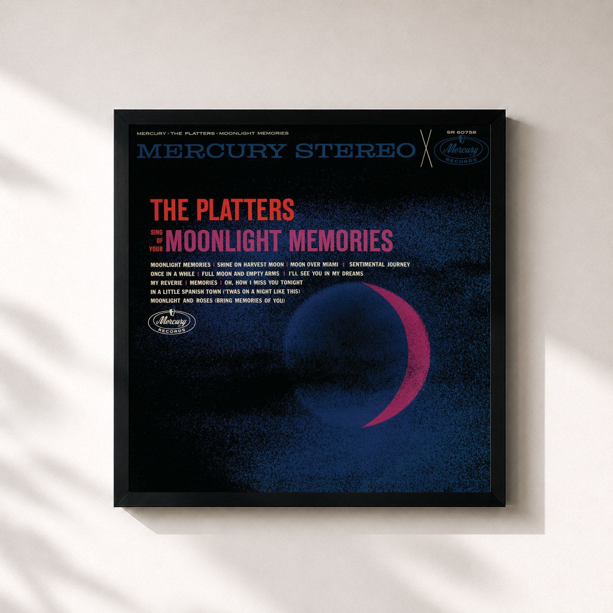 #noir Tableau carré de l'album The Platters Sing Of Your Moonlight Memories de The Platters, cadre noir 32x32 cm