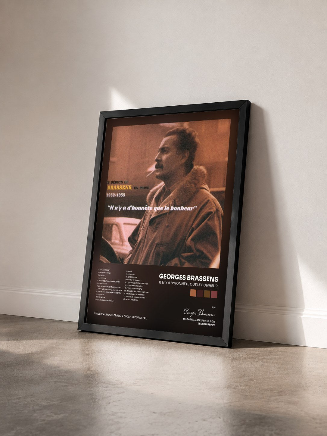 #noir Tableau de l'album Il N'Y A D'Honnête Que Le Bonheur de Georges Brassens vu de trois quarts, cadre noir