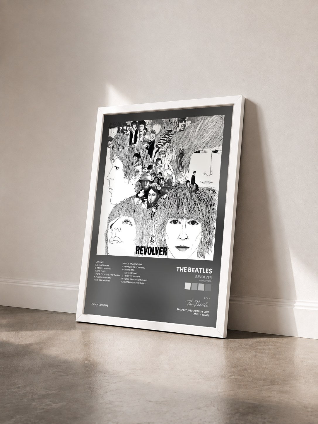 #blanc Tableau de l'album Revolver (Remastered) de The Beatles vu de trois quarts, cadre blanc