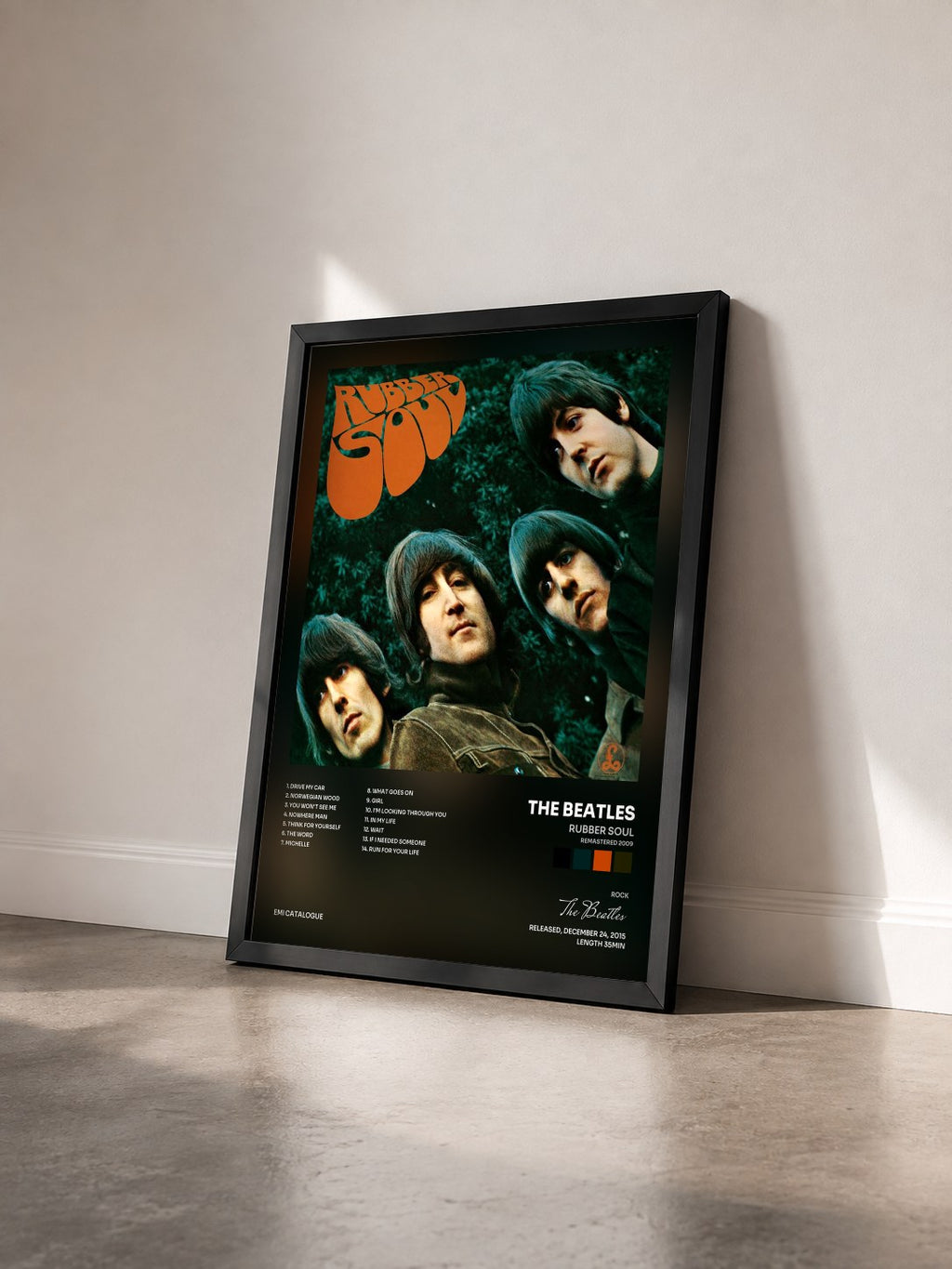 #noir Tableau de l'album Rubber Soul (Remastered 2009) de The Beatles vu de trois quarts, cadre noir