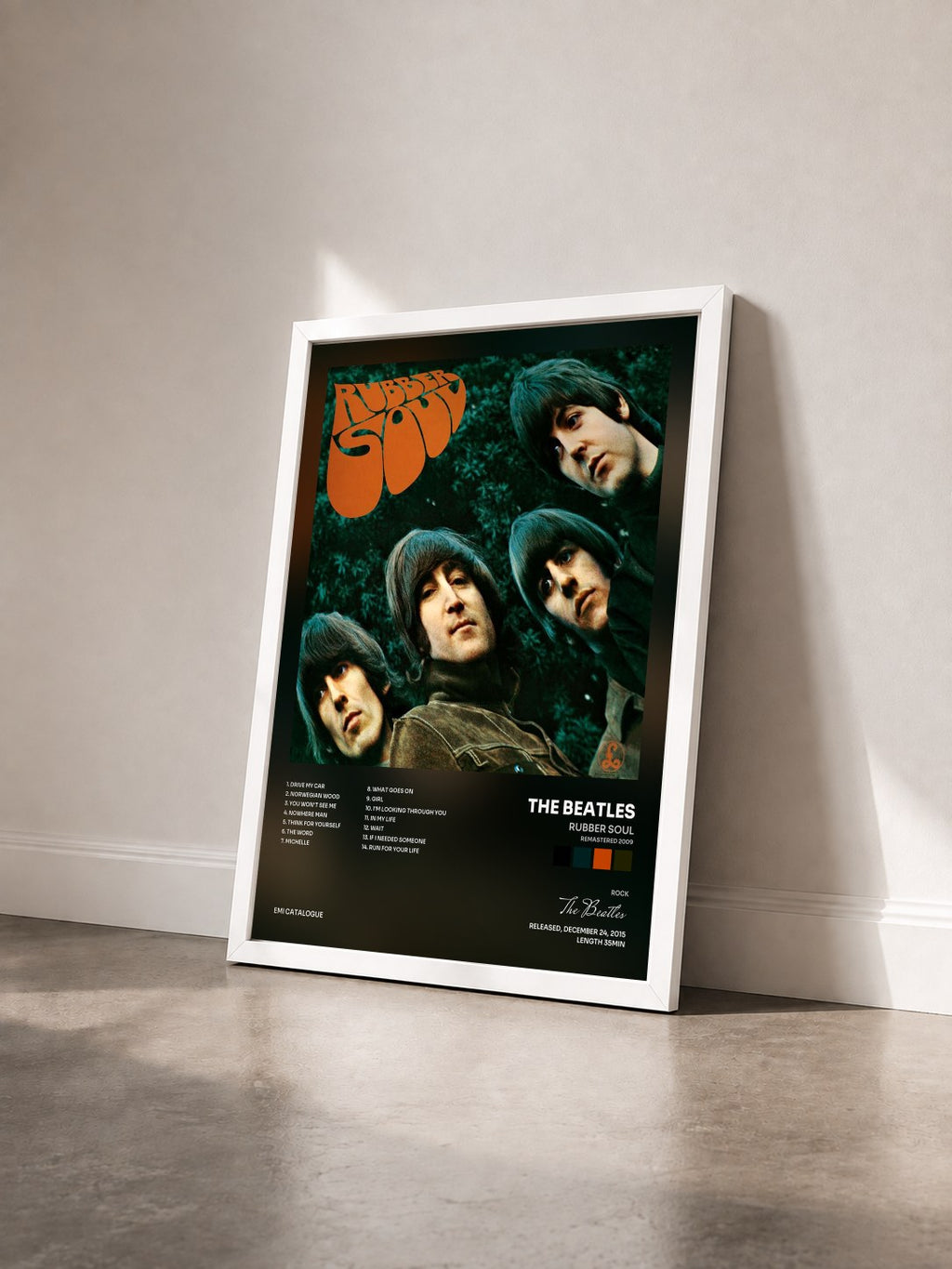 #blanc Tableau de l'album Rubber Soul (Remastered 2009) de The Beatles vu de trois quarts, cadre blanc