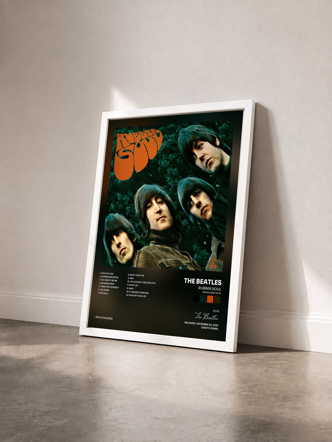 #blanc Tableau de l'album Rubber Soul (Remastered 2009) de The Beatles vu de trois quarts, cadre blanc