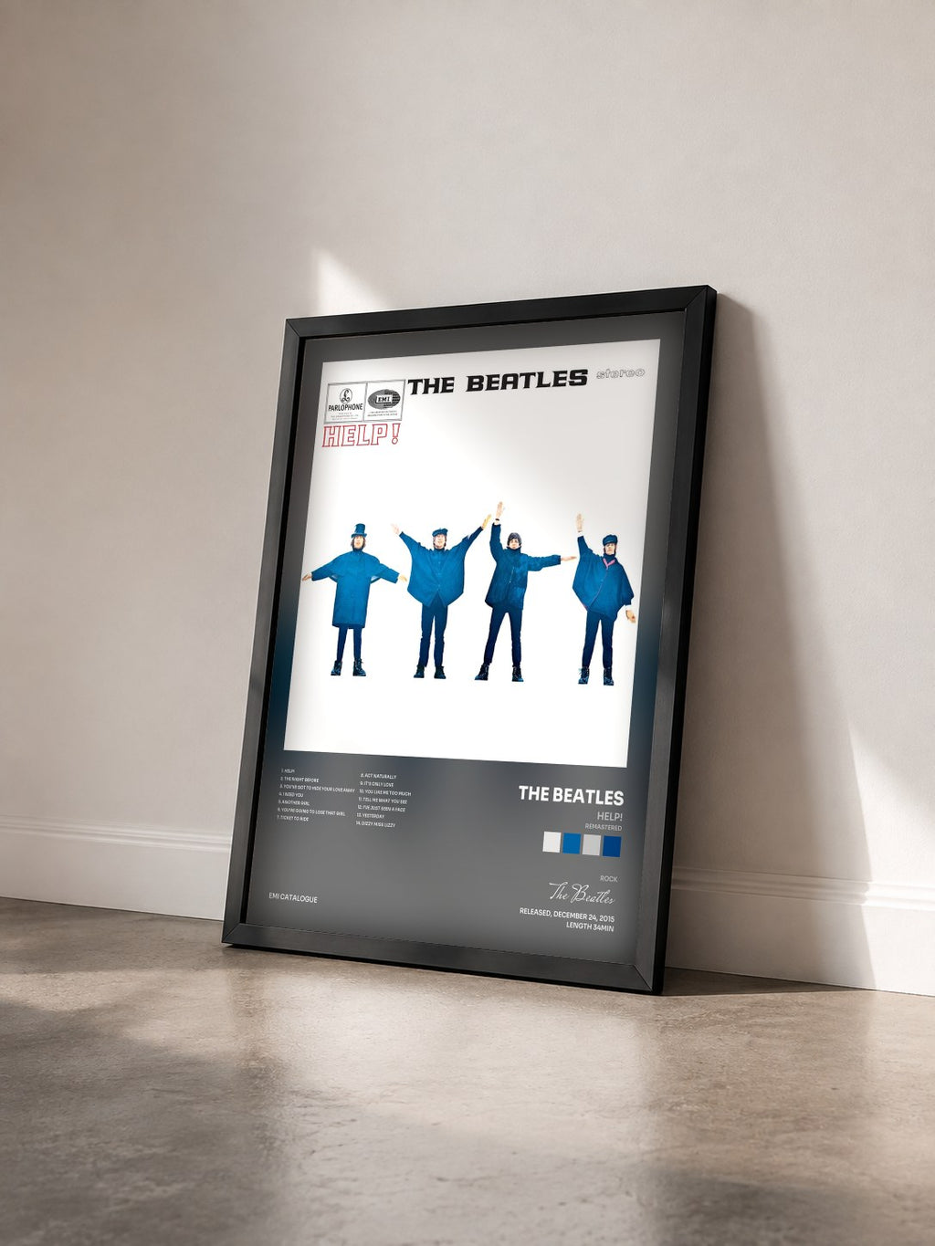 #noir Tableau de l'album Help! (Remastered) de The Beatles vu de trois quarts, cadre noir