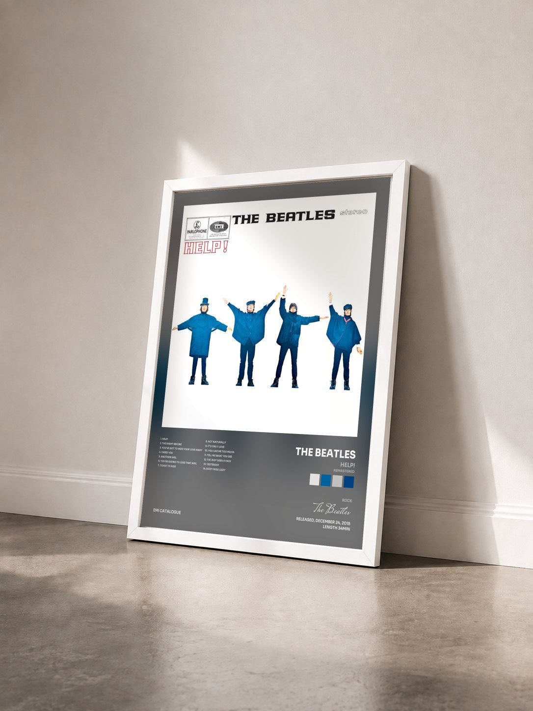 #blanc Tableau de l'album Help! (Remastered) de The Beatles vu de trois quarts, cadre blanc