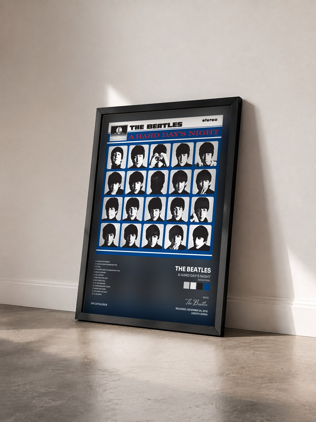 #noir A Hard Day's Night (Remastered) by The Beatles as a framed art print seen at an angle, black frame